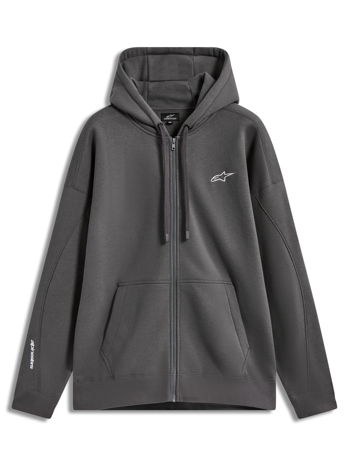Alpinestars Entity Oversized Hoodie, felpa con cappuccio e zip, grigio antracite, con tasca a marsupio e logo ricamato bianco.