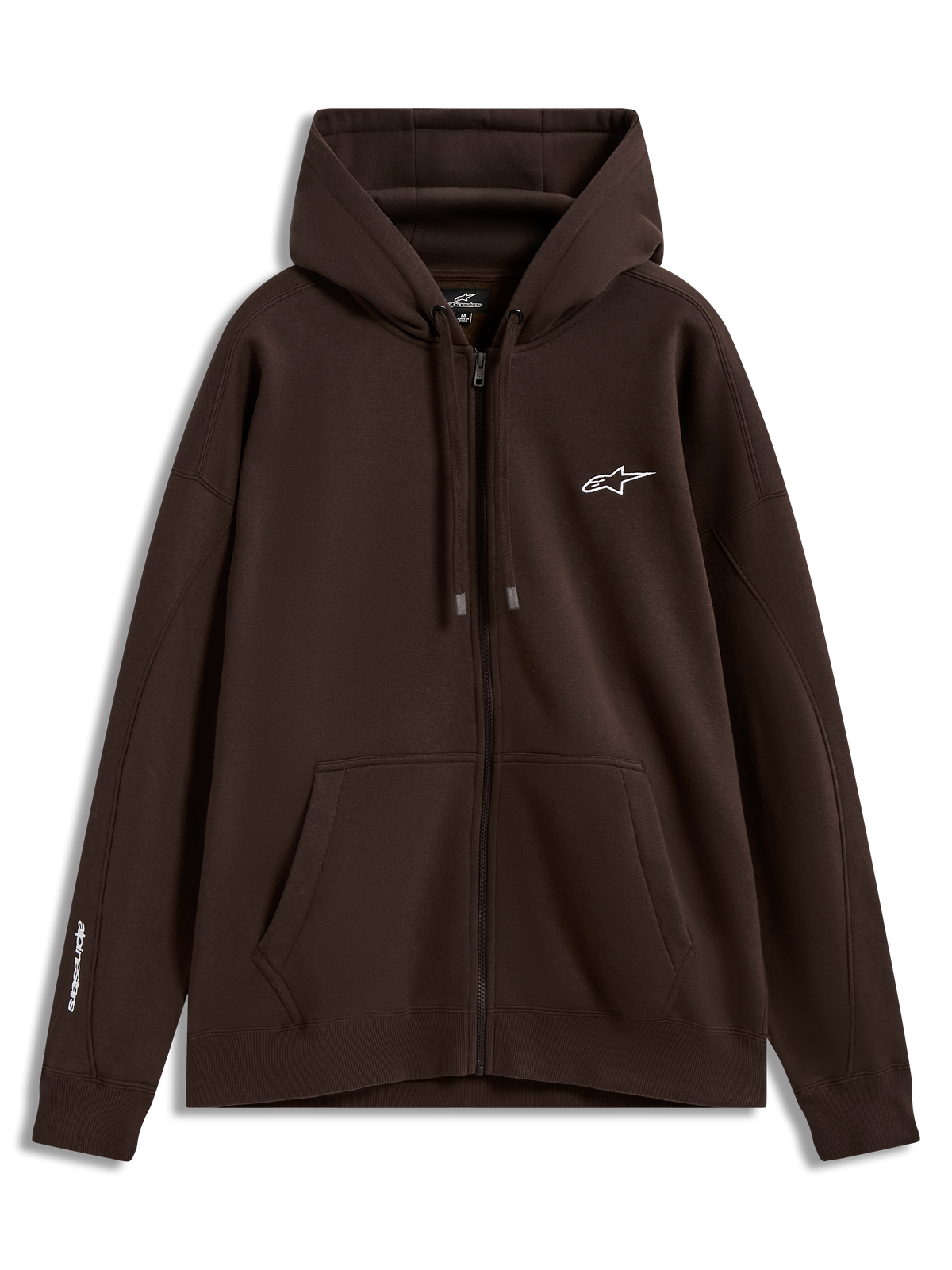 Alpinestars Entity Oversized Hoodie, felpa con cappuccio e zip in pile, marrone, loghi bianchi ricamati su petto e manica, tasca a marsupio e cerniera Vislon, sportswear casual