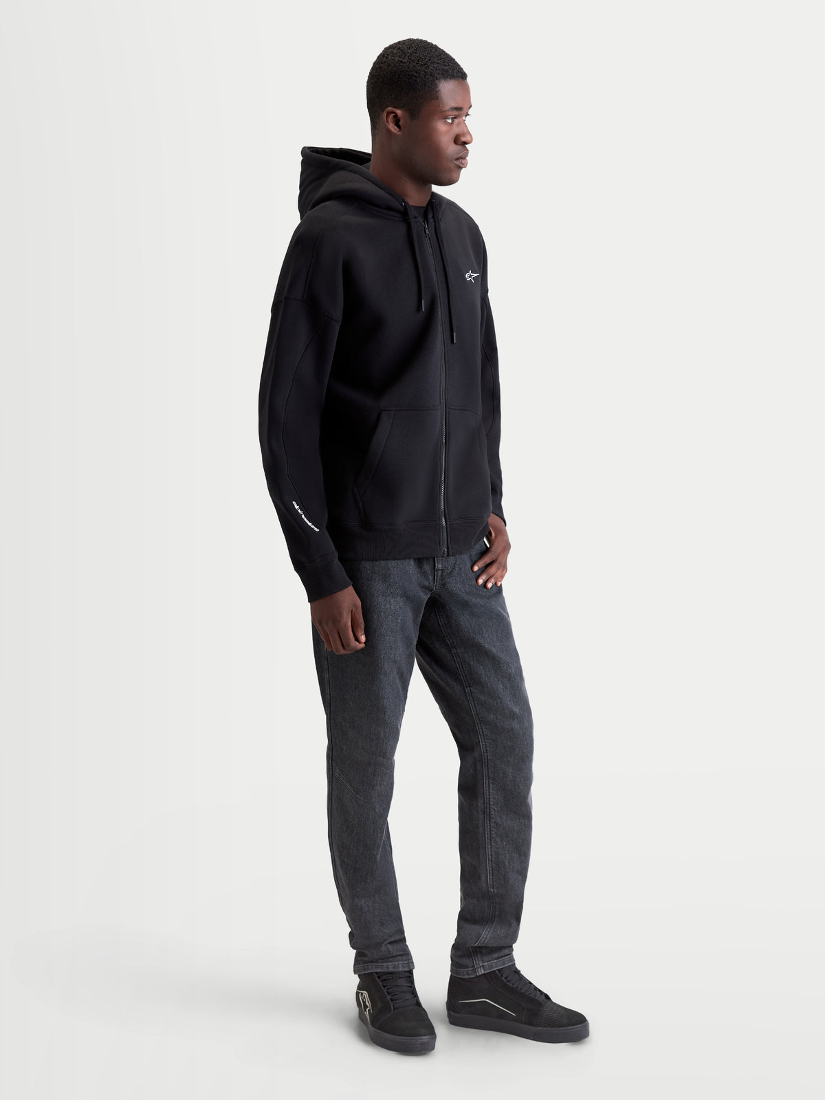 Alpinestars Felpa con cappuccio Entity Oversized, felpa con zip da uomo, nera, vestibilità oversized, logo Astars bianco ricamato su petto e manica, stile sportswear casual