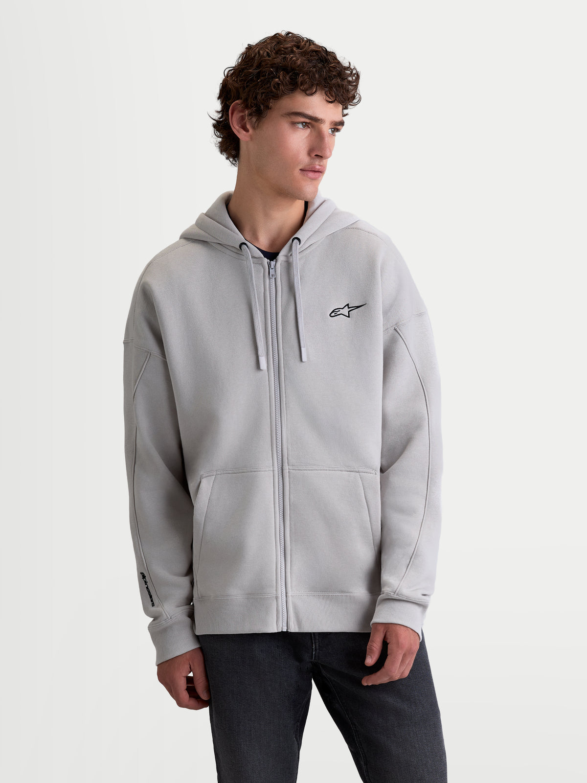 Alpinestars Felpa con cappuccio Entity Oversized, felpa lifestyle sportswear unisex con zip, grigio cemento, logo Astars ricamato sul petto, tasca a marsupio e cappuccio regolabile, vestibilità rilassata