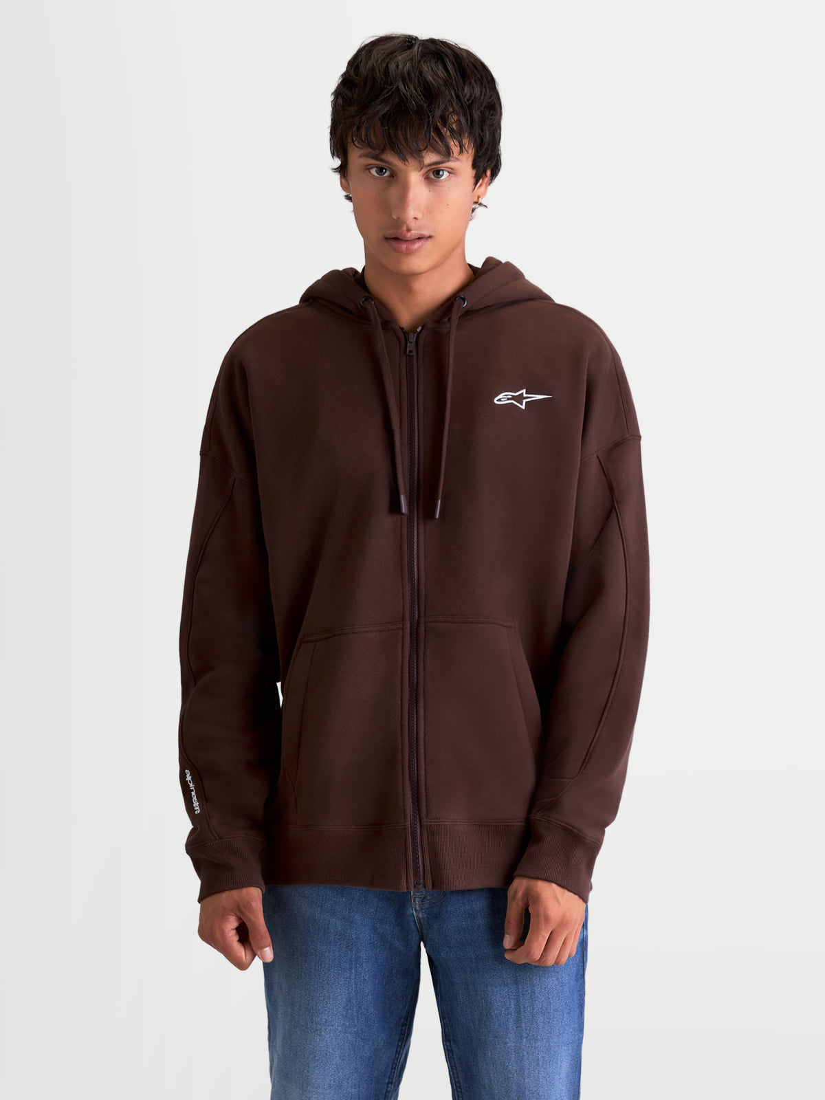 Alpinestars Felpa con cappuccio Entity Oversized, felpa in pile con zip da uomo, marrone, logo Astars bianco ricamato sul petto e sulla manica, cappuccio con cordini e tasca a marsupio, vestibilità ampia stile motorsport