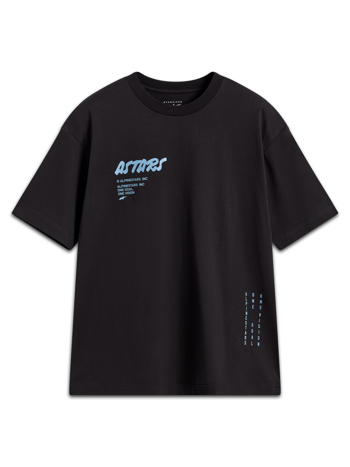 Alpinestars Chalk Oversized CSF Tee, maglietta a maniche corte da uomo, nera, logo Astars azzurro sul petto e branding laterale verticale, vestibilità ampia casual