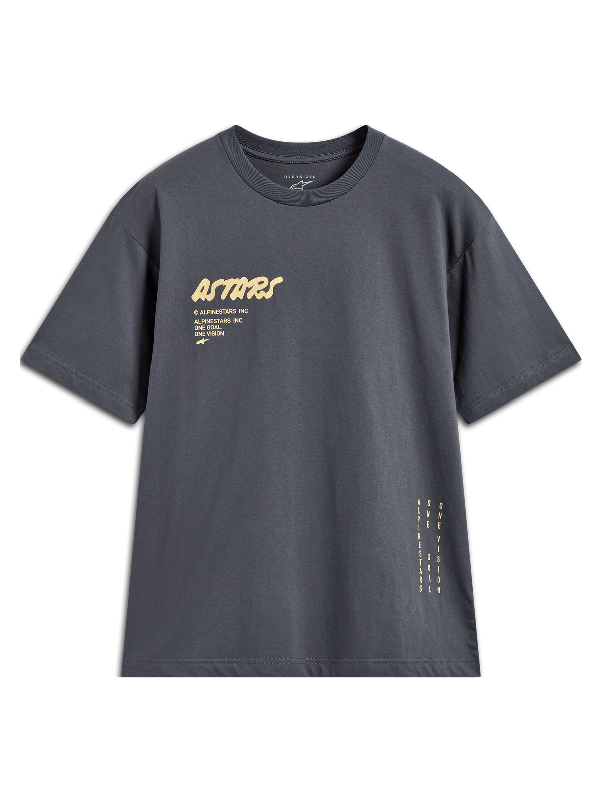 Alpinestars Chalk Oversized CSF Tee, maglietta a maniche corte da uomo, grigio antracite, logo Astars frontale e branding verticale laterale, vestibilità ampia, abbigliamento casual motorsport