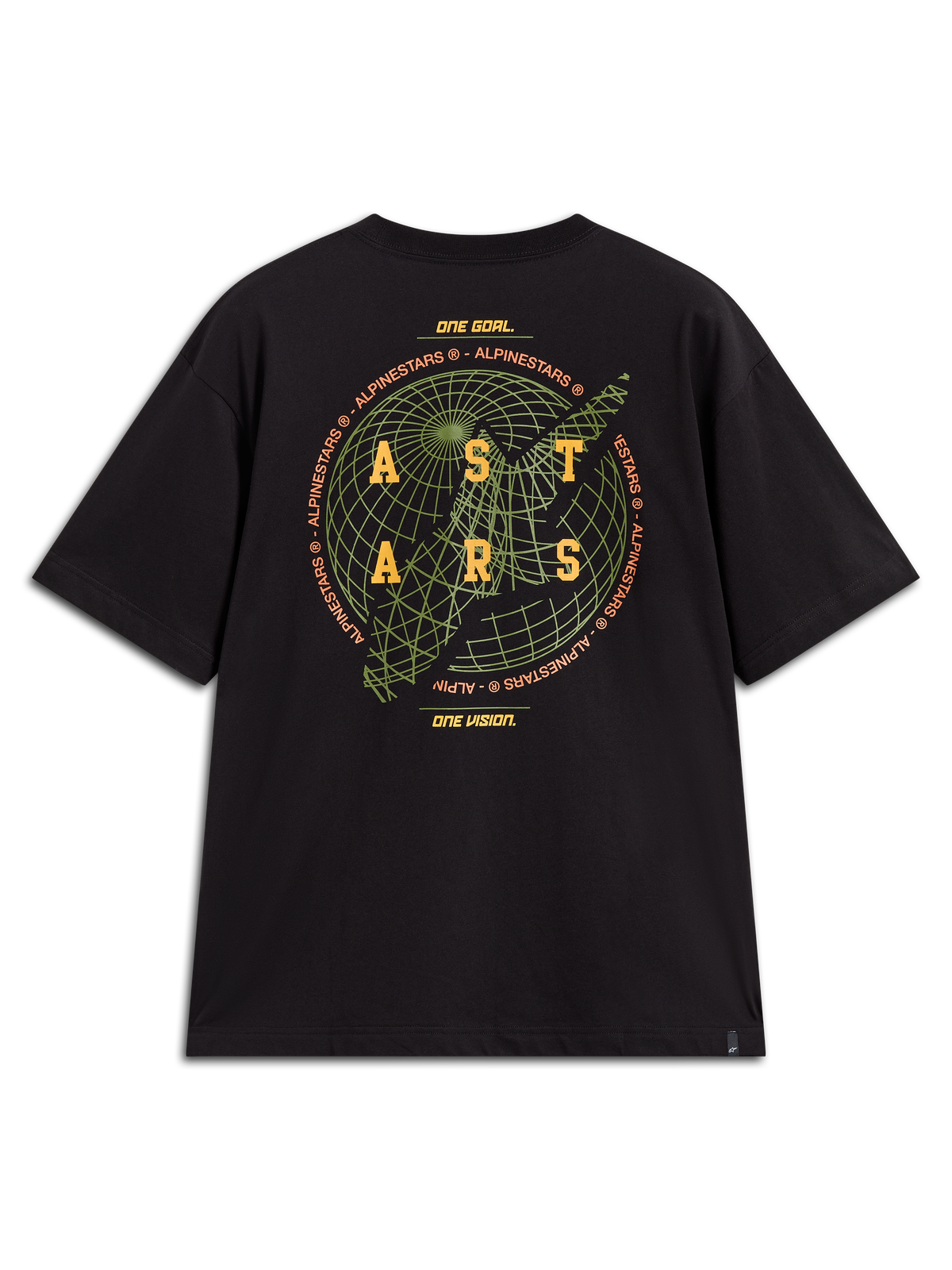 Alpinestars Latitude Oversized CSF Tee, maglietta nera con grafica globo verde e logo ASTARS giallo, stile casual motorsport.