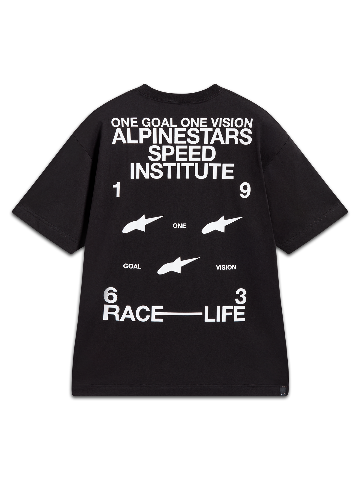Alpinestars Institute Oversized CSF Tee, maglietta a maniche corte nera con grafica bianca Speed Institute sul retro e slogan racing.