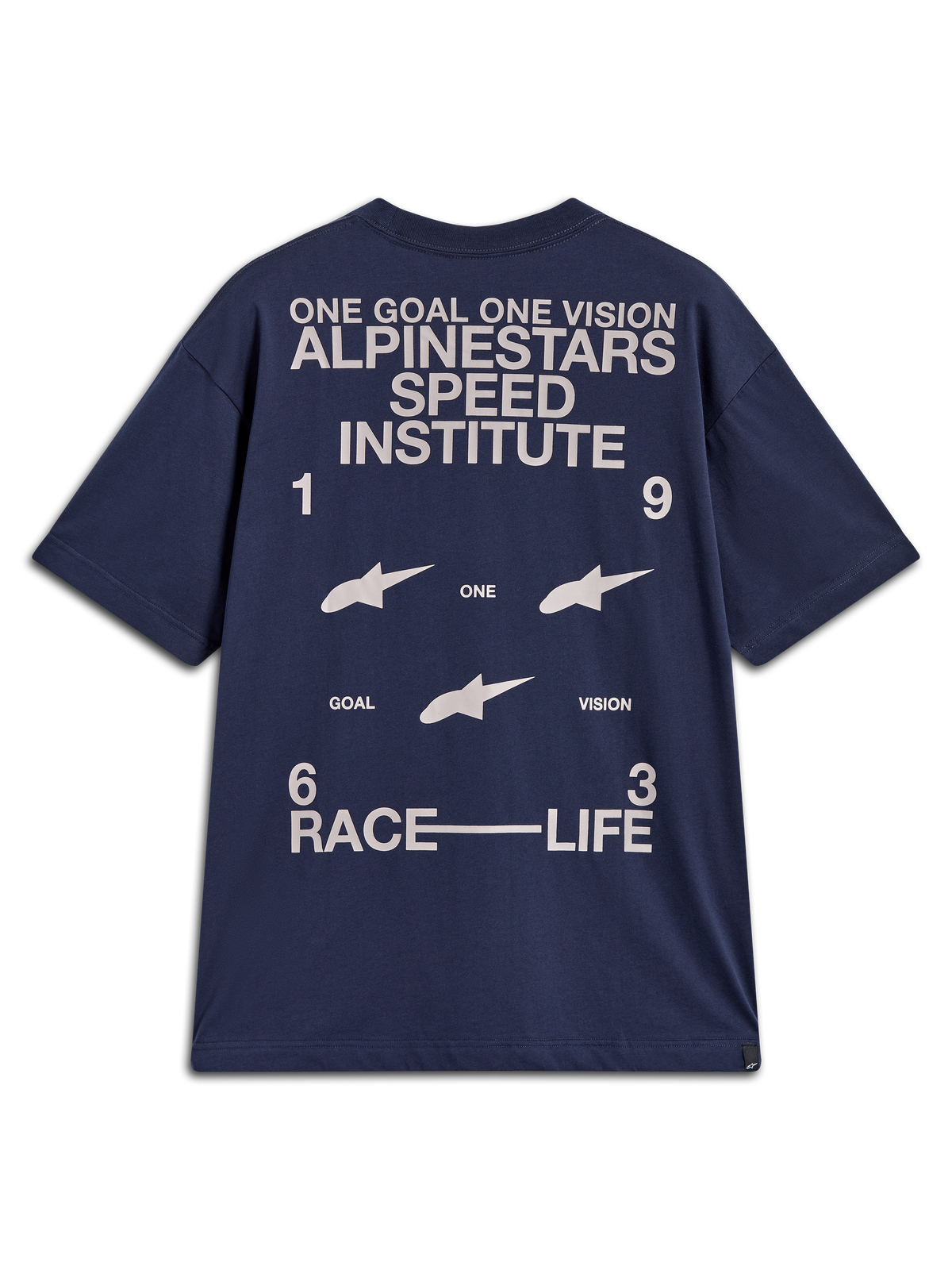 Alpinestars Institute Oversized SS CSF Tee, maglietta a maniche corte da uomo, blu, vestibilità oversized, ampia grafica posteriore bianca ispirata al racing con scritte One Goal One Vision e Speed Institute, stile casual motorsport