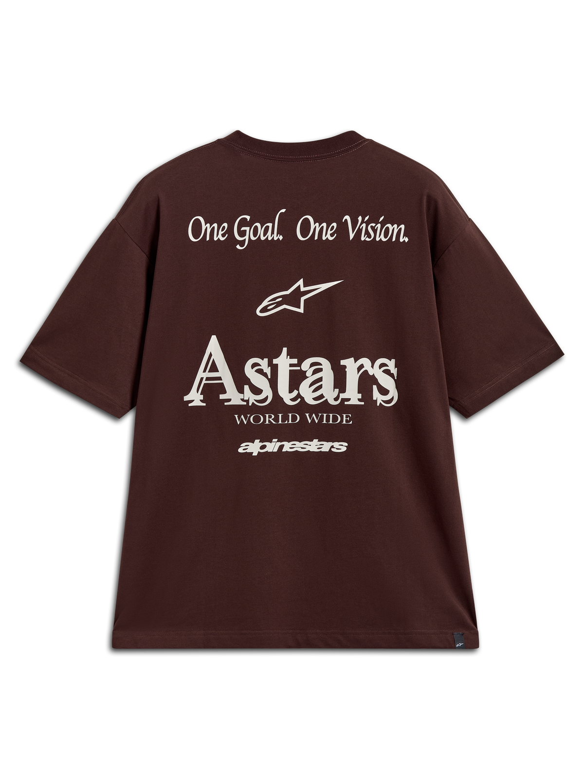 Alpinestars Post Oversized CSF Tee, maglietta a maniche corte da uomo, marrone, con grafica posteriore bianca Astars World Wide e One Goal One Vision, stile sportswear.