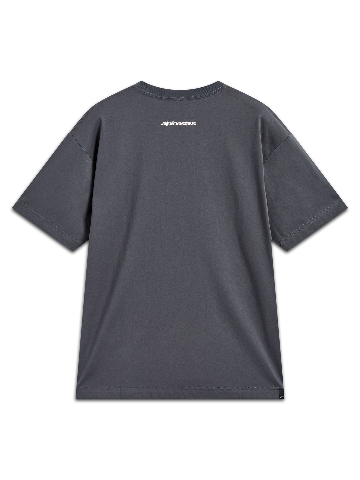 Alpinestars Mandate Oversized CSF Tee, maglietta a maniche corte, grigio antracite, vista posteriore con logo Alpinestars bianco sulla nuca, vestibilità oversized, abbigliamento casual sportswear.