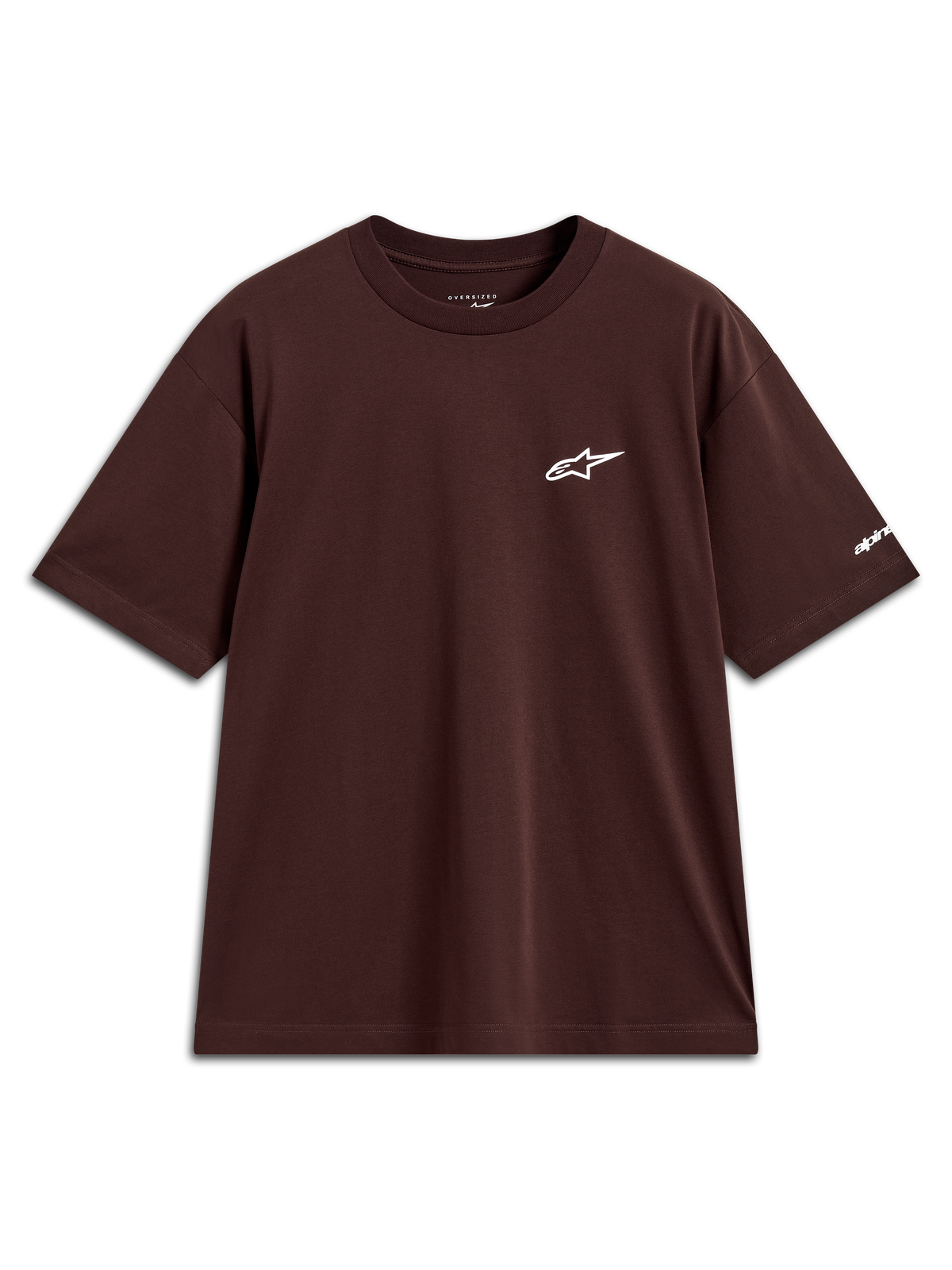 Alpinestars Mandate Oversized CSF Tee, maglietta a maniche corte marrone con logo Astars bianco puff print sul petto, vestibilità ampia stile sportswear, abbigliamento casual ispirato al motorsport