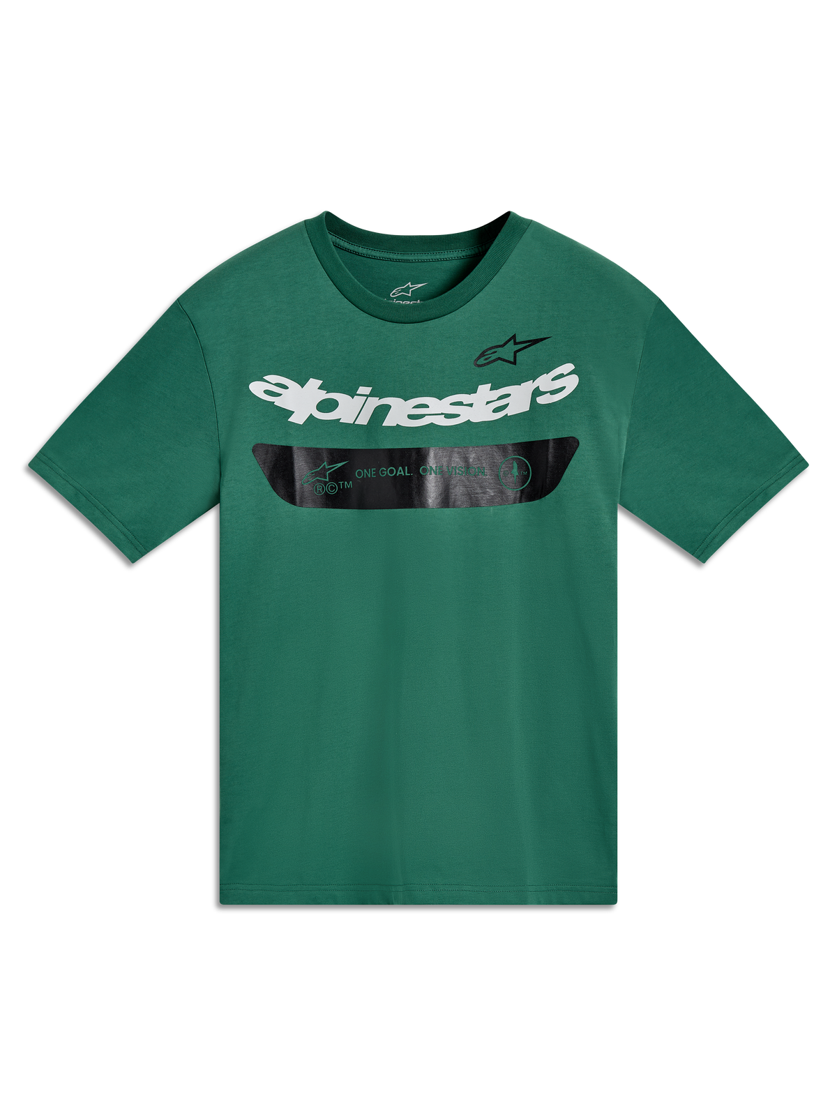 Alpinestars Singular CSF Tee, maglietta verde a maniche corte con logo bianco e banda grafica nera, stile casual motorsport.