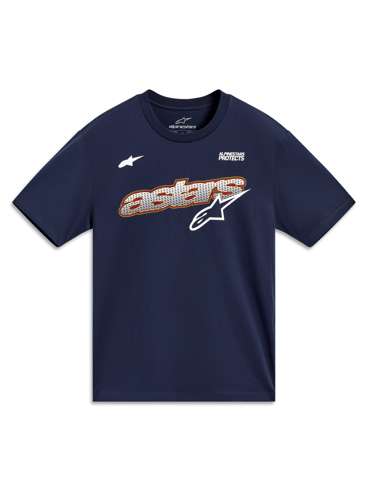 Alpinestars Cypress CSF Tee, maglietta a maniche corte blu navy con grafica Astars a rete e motto Alpinestars Protects.