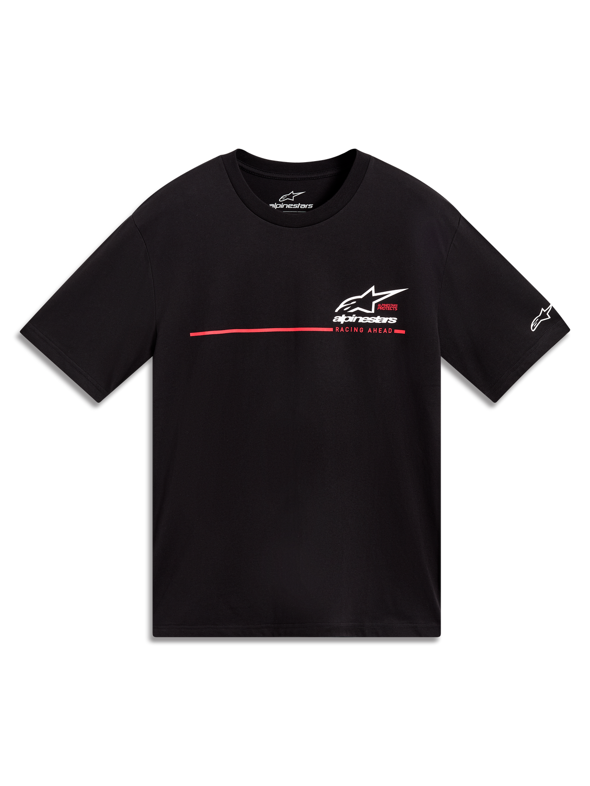 Alpinestars P1 CSF Tee, maglietta a maniche corte, nera con logo Astars bianco e striscia racing rossa, abbigliamento casual.