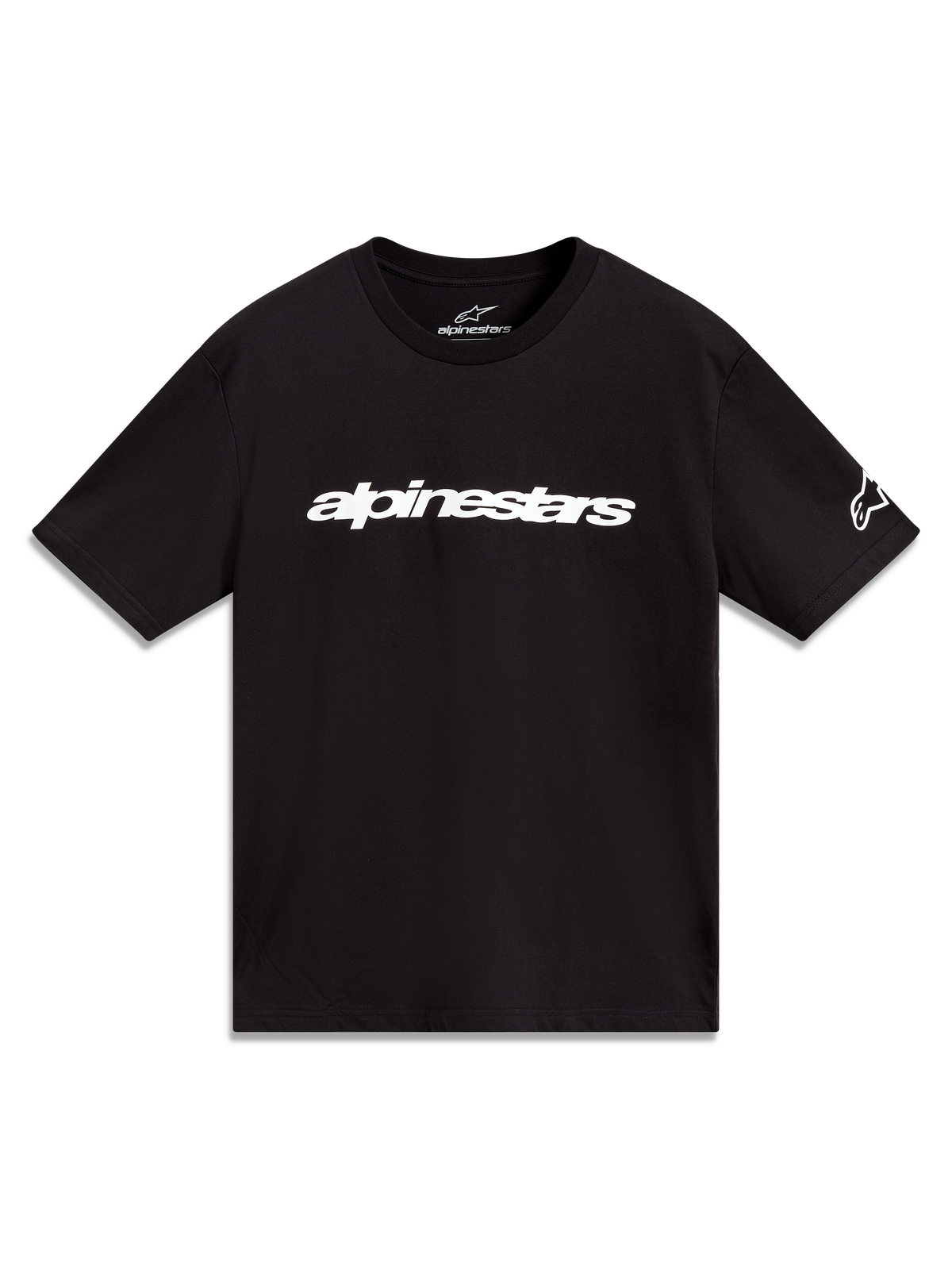Alpinestars Race Wordmark CSF Tee, maglietta a maniche corte nera con logo bianco lineare e grafica sulla manica.