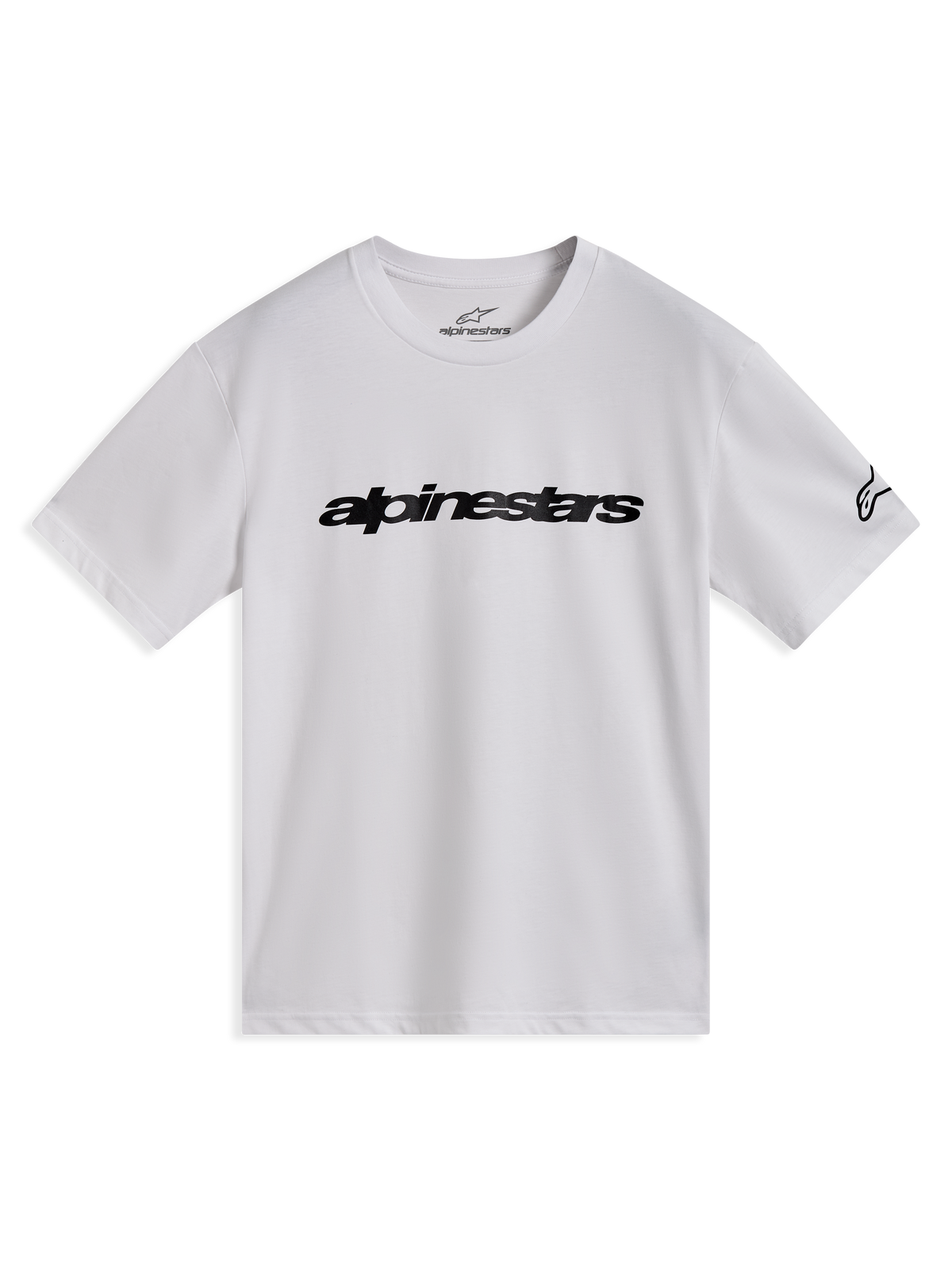 Alpinestars Race Wordmark CSF Tee, maglietta sportiva a maniche corte bianca con logo nero sul petto e grafica sulla manica.