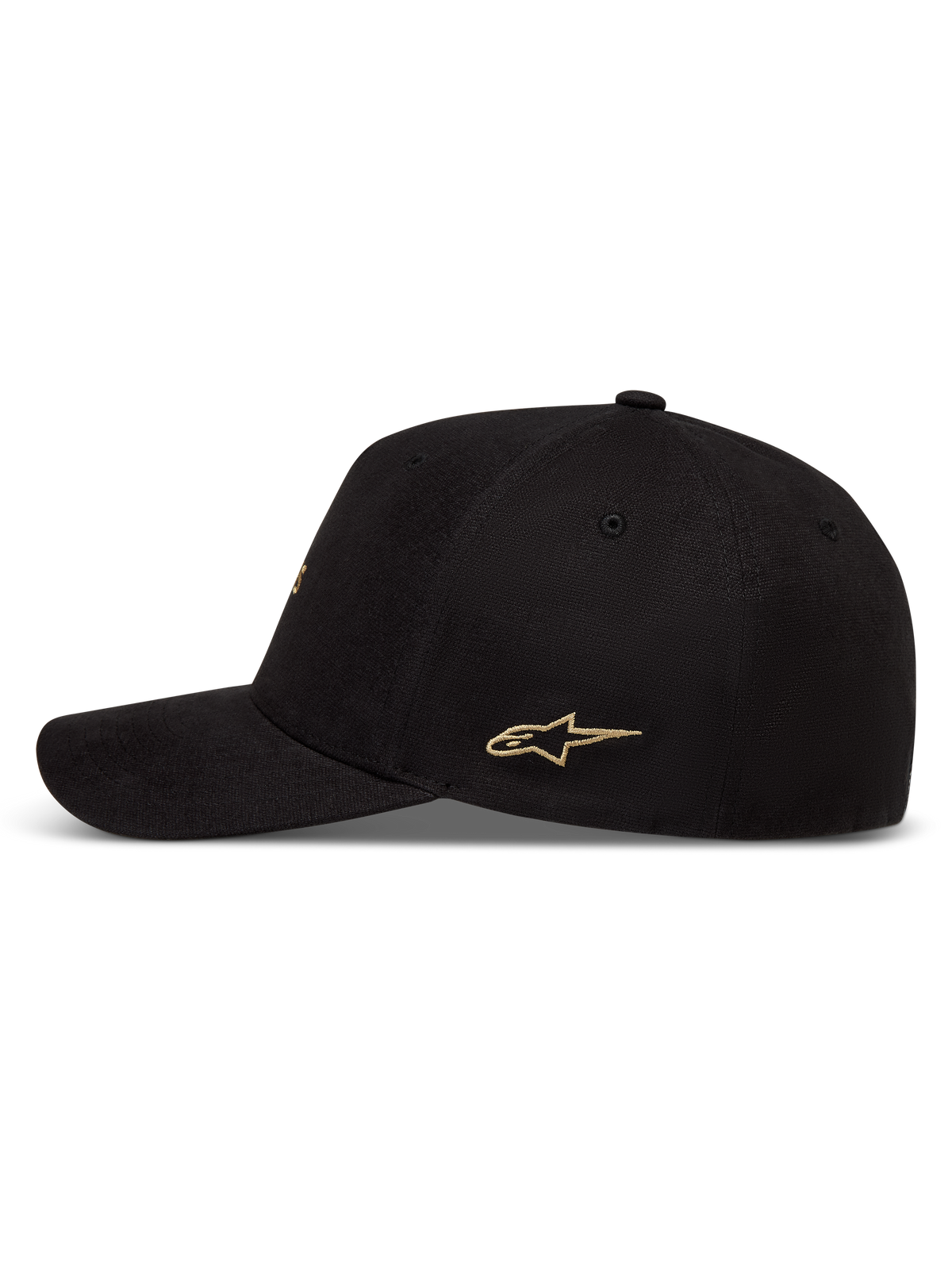 Alpinestars County Canvas, cappello sportswear nero con logo a stella oro, visiera curva, corona strutturata, vista laterale.