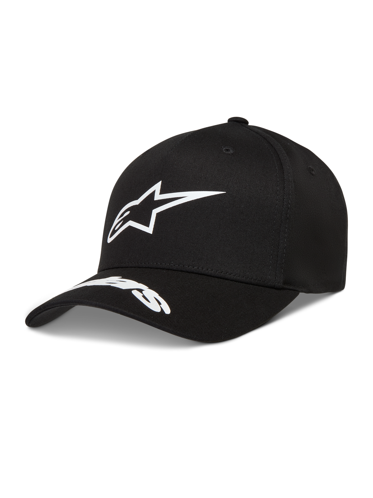 Alpinestars Arclight cappello, cappello in twill nero con visiera curva, logo Astars bianco in rilievo e sulla visiera.