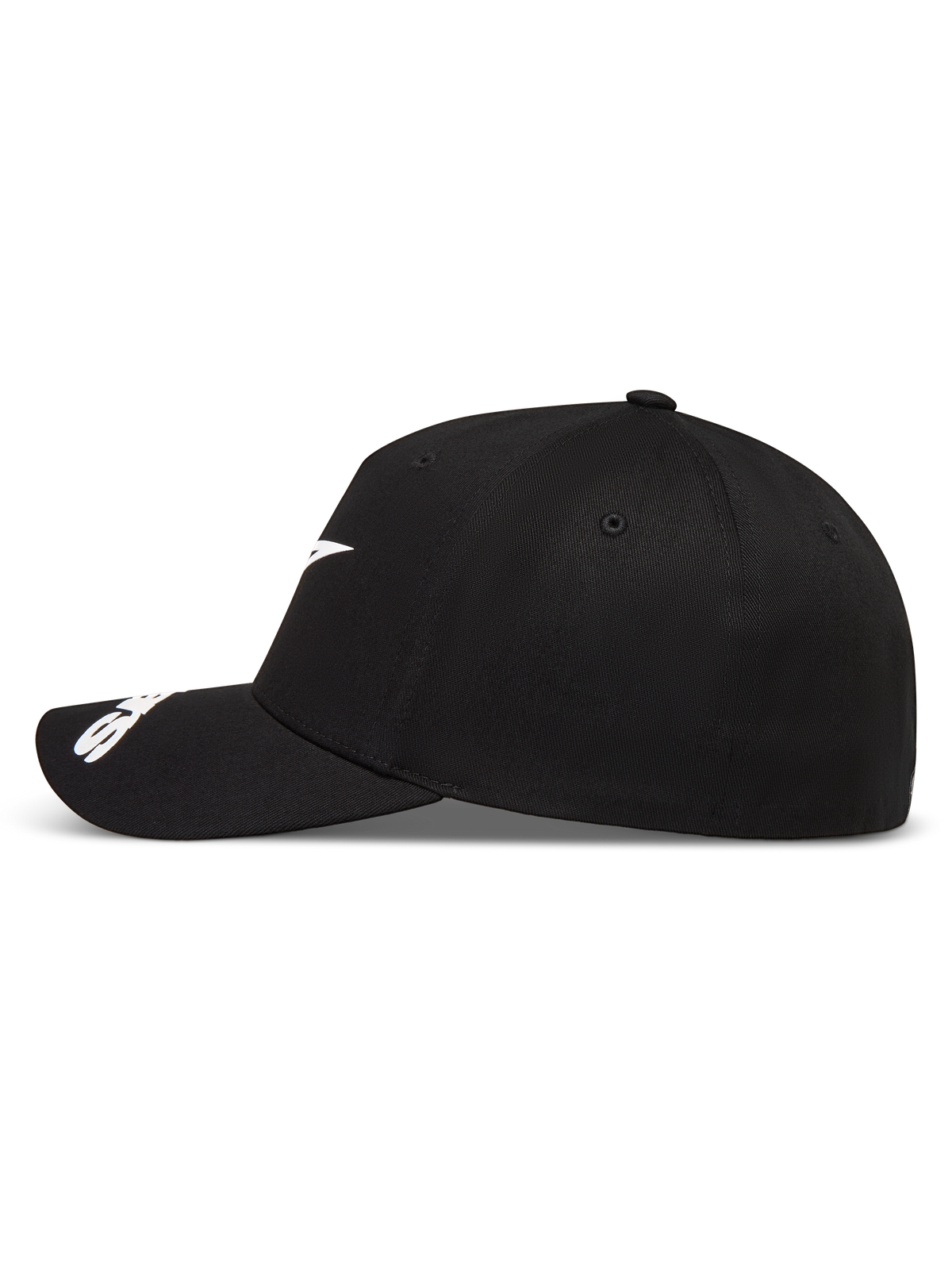Alpinestars Arclight Cappello, cappello da baseball nero sportswear, vista laterale con logo bianco e visiera curva