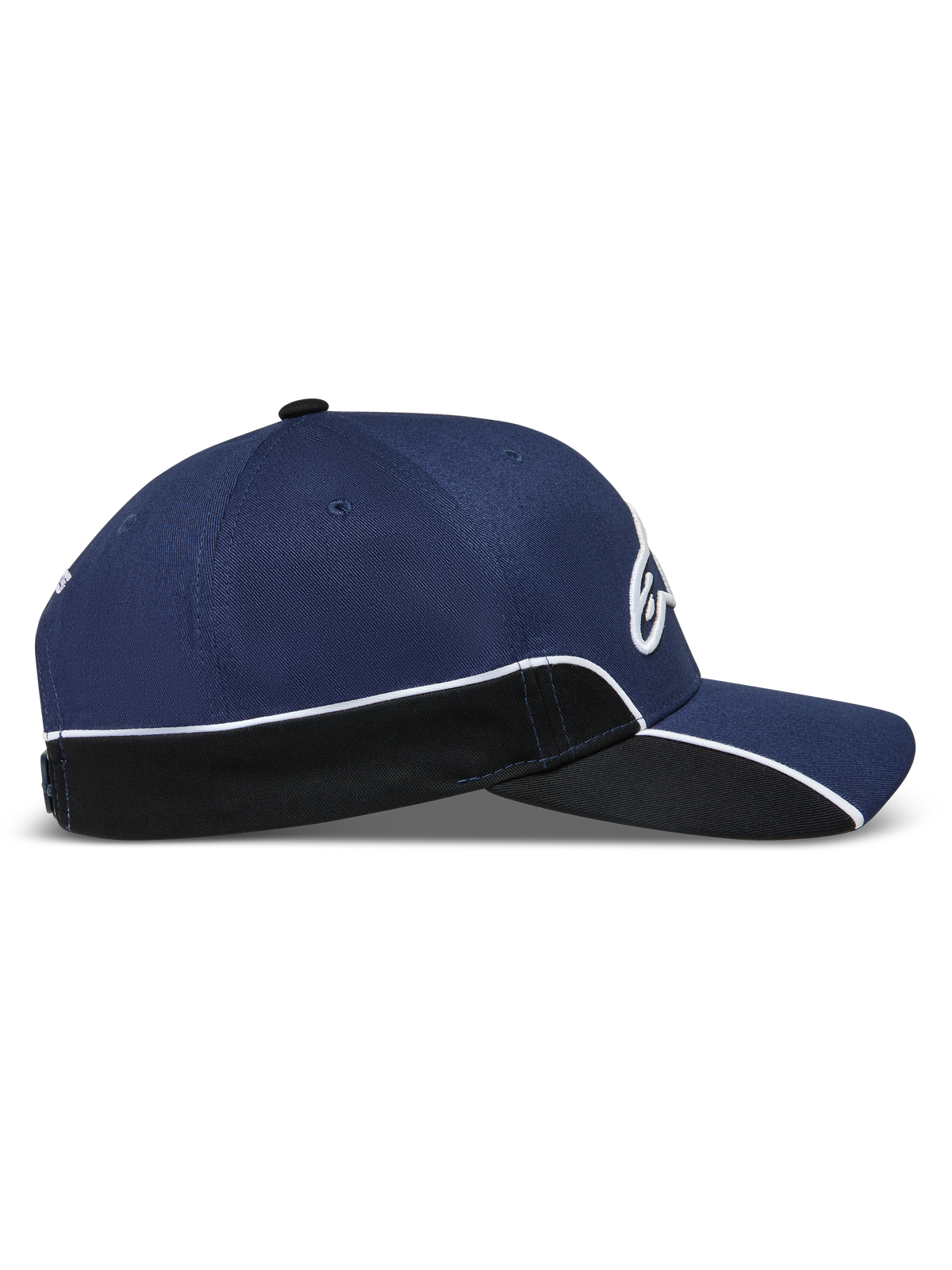 Alpinestars Cappello 500 Snapback, cappello sportswear ispirato al motorsport unisex, blu navy e nero, con corona strutturata, visiera curva, piping bianco a contrasto e ricamo Astars 3D, vista laterale