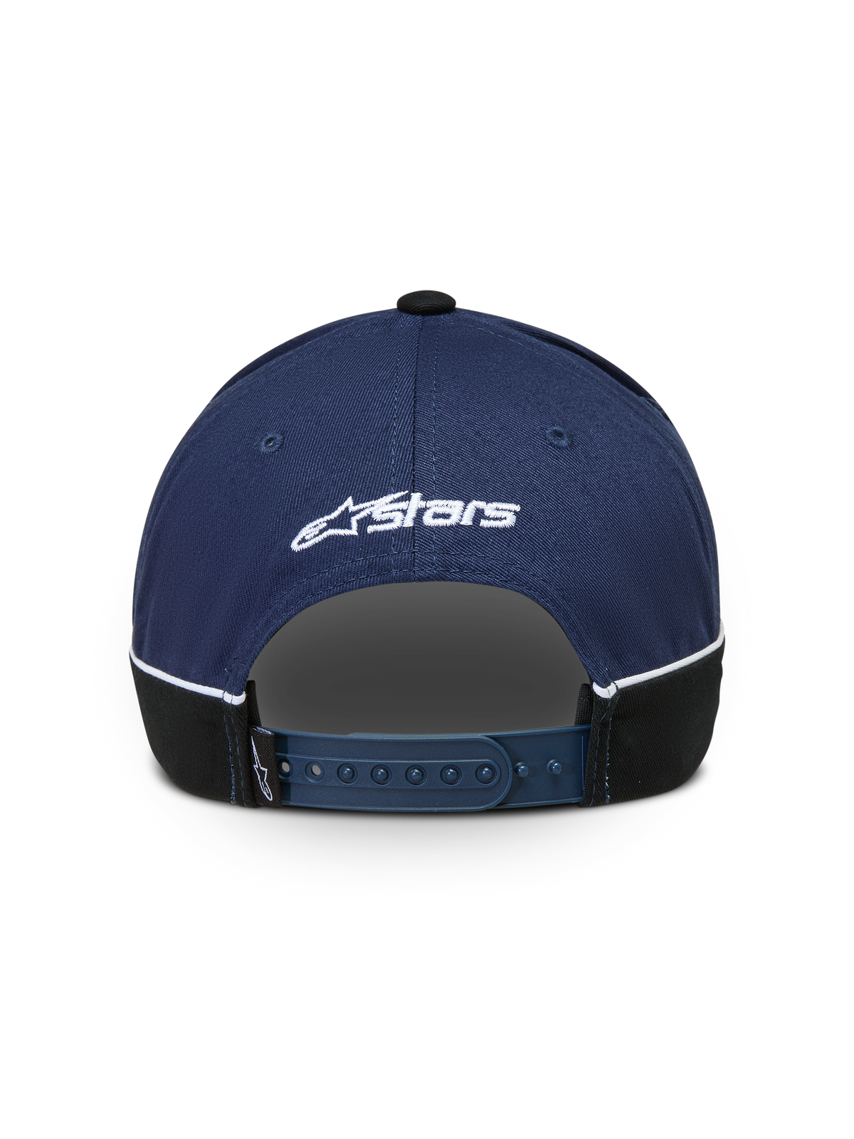 Alpinestars Cappello 500 Snapback, cappello sportswear stile baseball, blu navy e nero, vista posteriore con chiusura snapback regolabile, logo Astars ricamato bianco e piping a contrasto.