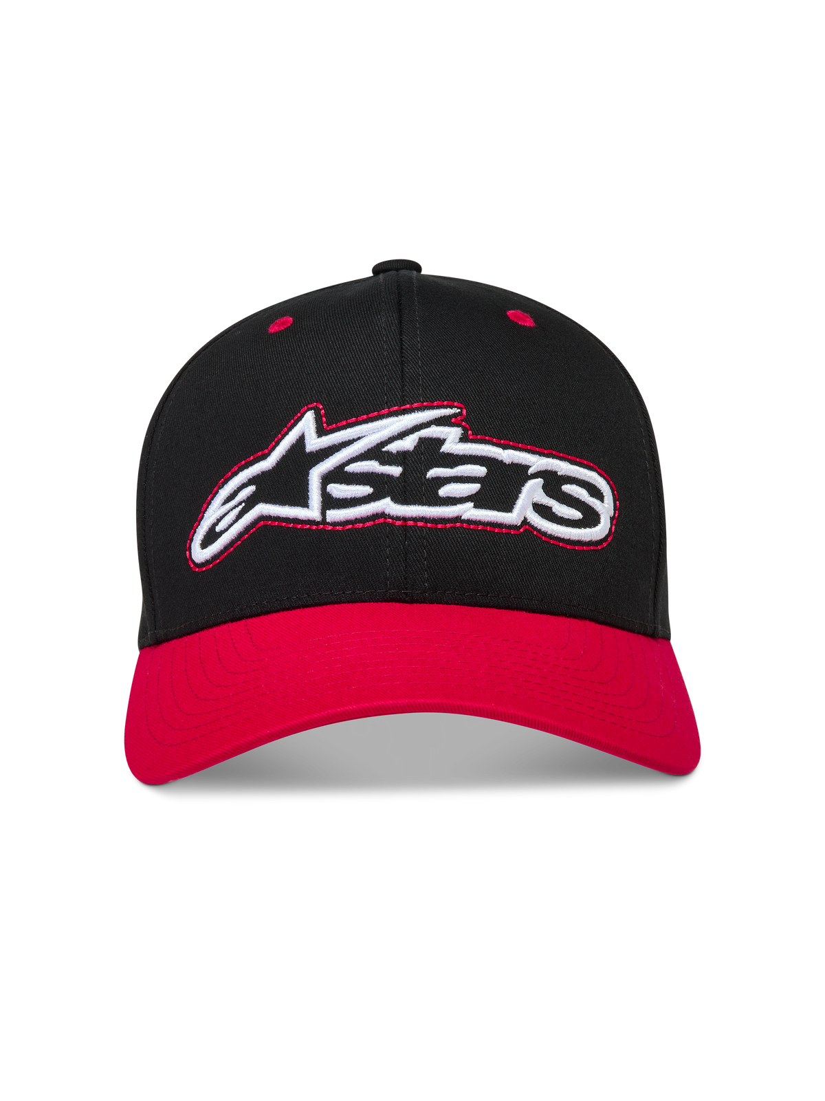 Alpinestars Retro Snapback Cappello, cappello sportivo nero e rosso con visiera curva e logo Astars ricamato.
