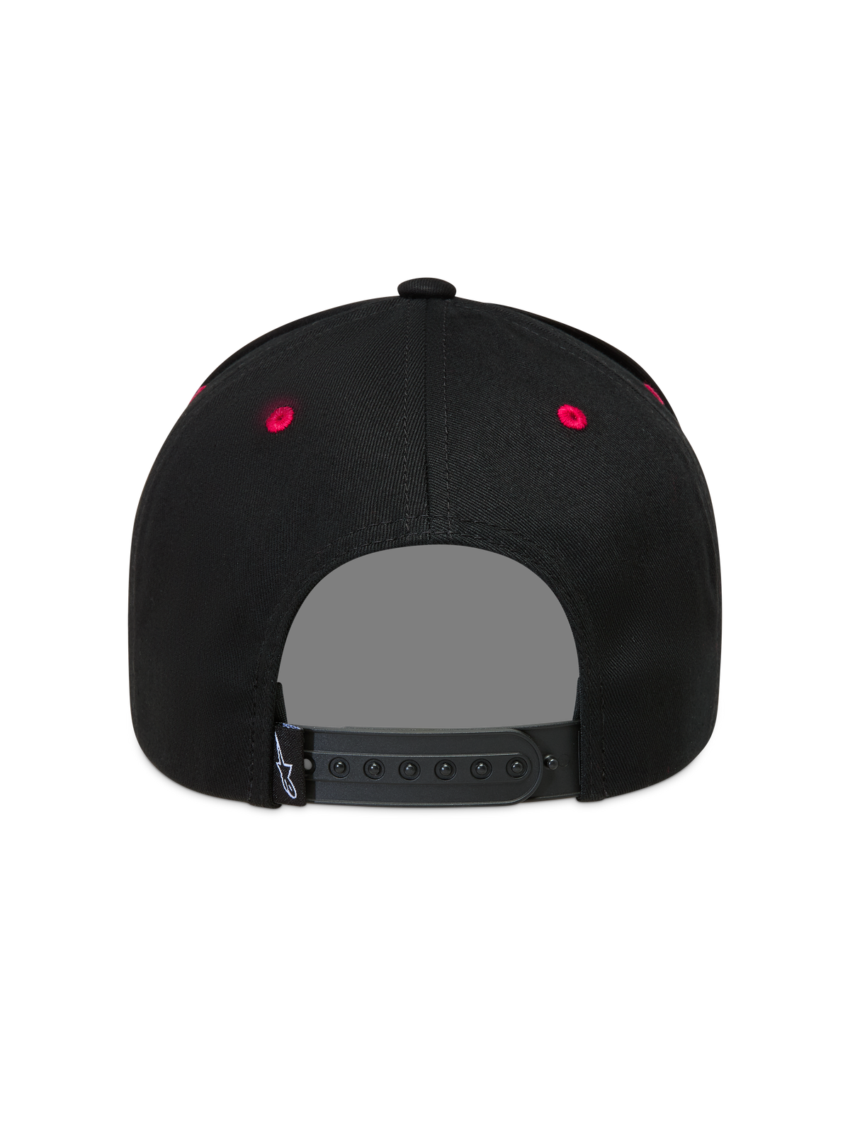 Alpinestars Retro Snapback Cappello, vista posteriore con chiusura a scatto regolabile e occhielli rossi, nero e rosso.