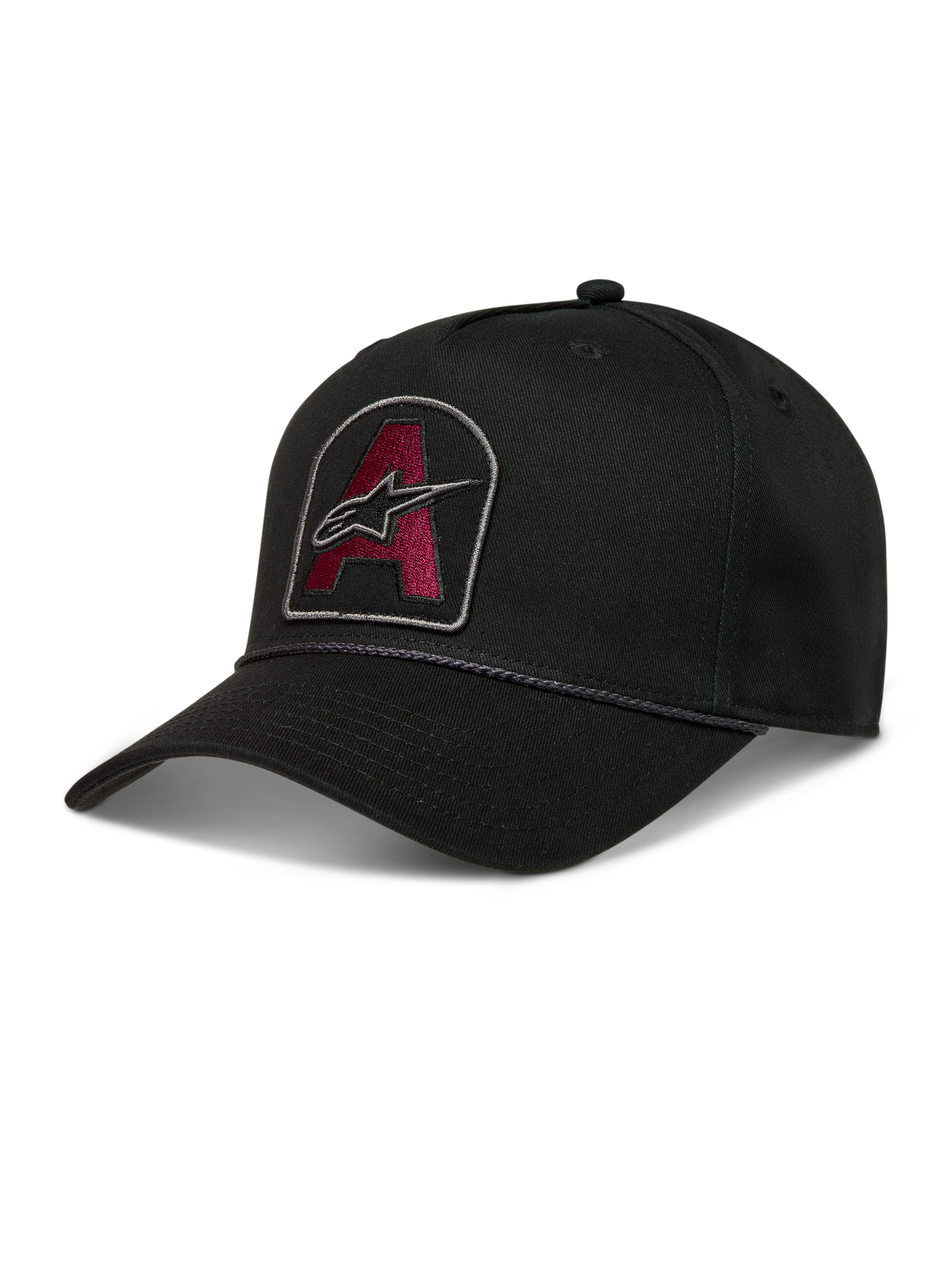 Alpinestars Acme Snapback, cappello nero in twill con patch logo bordeaux ricamato, visiera curva e rifinitura in corda