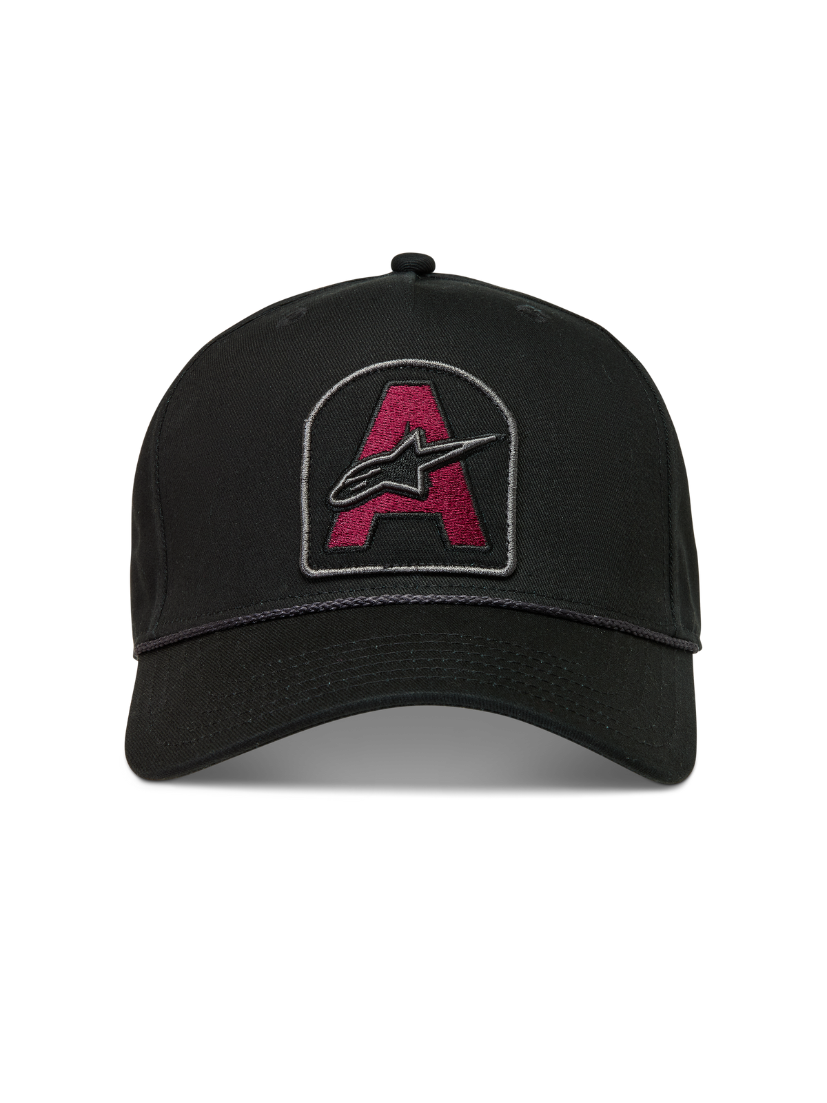 Alpinestars Acme Snapback Cappello, cappello nero con visiera curva, patch con logo rosso scuro e rifinitura in corda