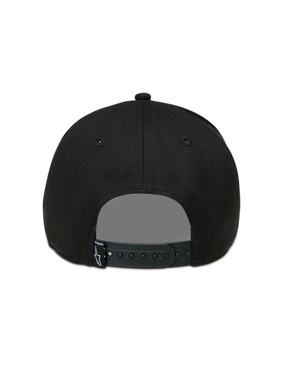 Alpinestars Acme Snapback, cappello sportswear nero, vista posteriore con chiusura snapback regolabile e piccola etichetta con logo Astars