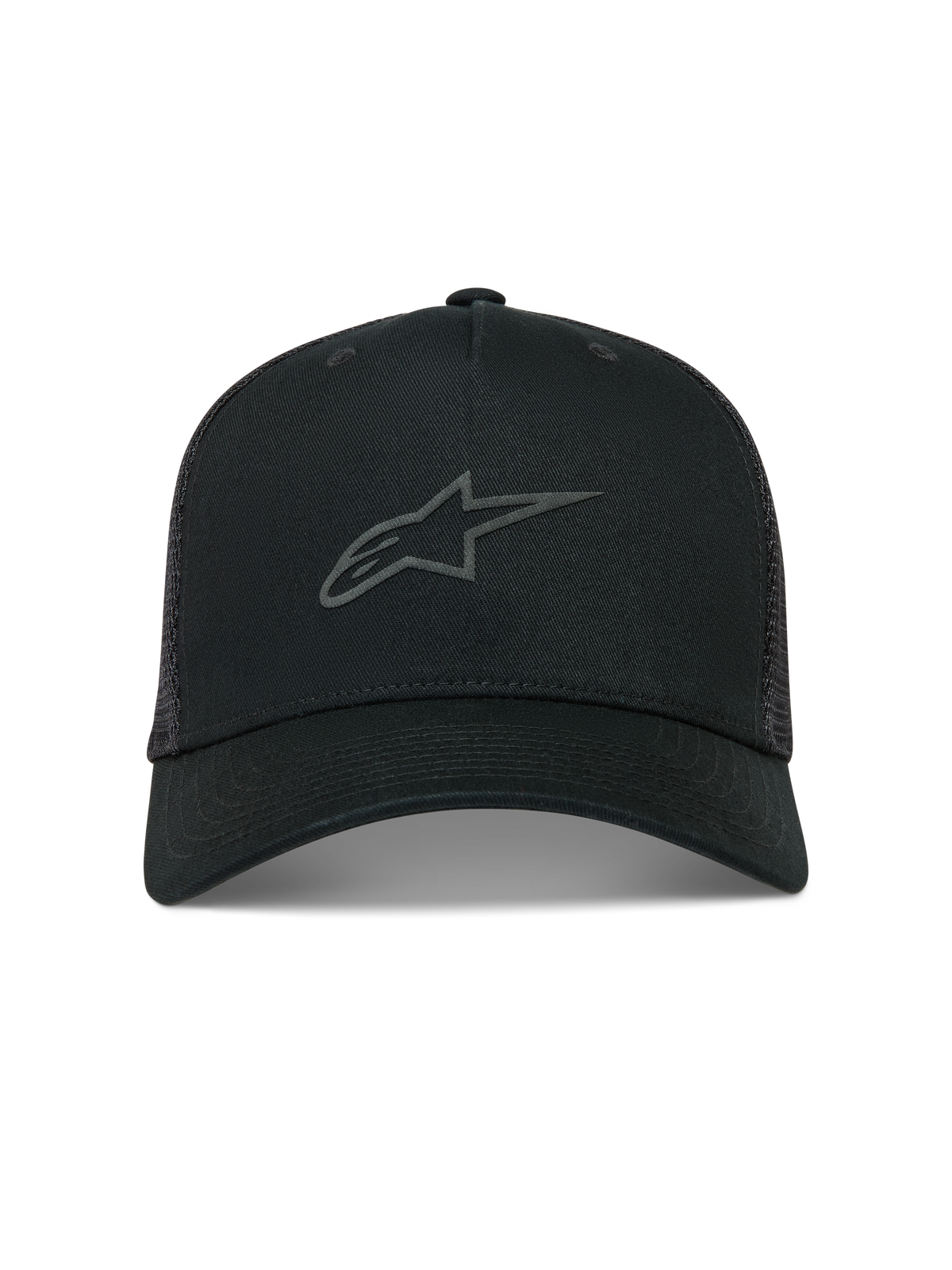 Alpinestars Augment Cappellino Trucker, cappello nero con visiera curva, retro in rete e logo Astars con stampa a rilievo.