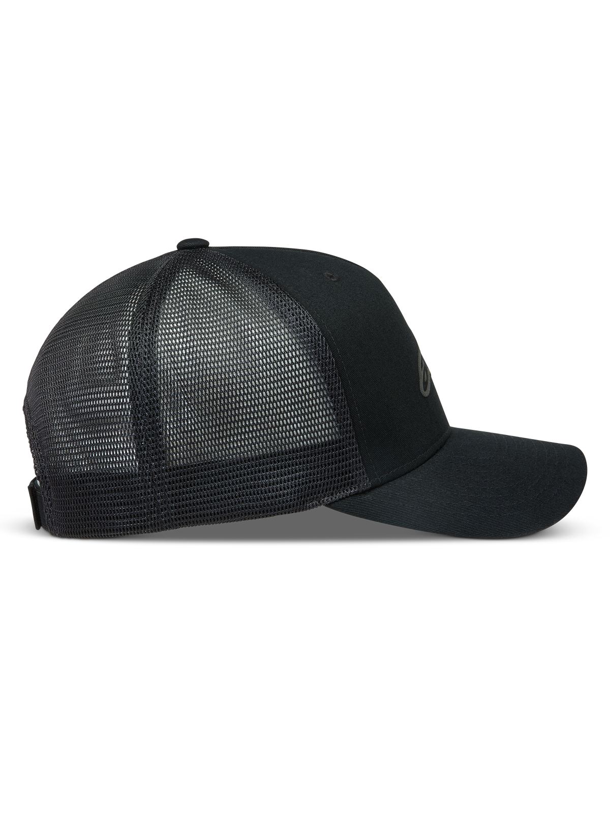 Alpinestars Augment Cappellino Trucker, cappello sportivo nero con visiera curva, corona strutturata e retro in rete a diamante.