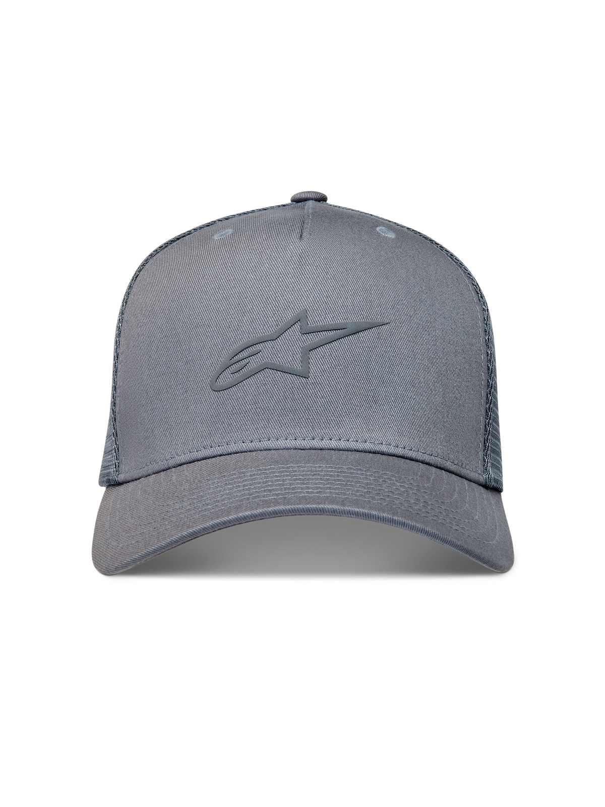 Alpinestars Augment Cappellino Trucker, cappello da sportswear grigio con visiera curva, corona strutturata, retro in rete a diamante e logo Astars a rilievo