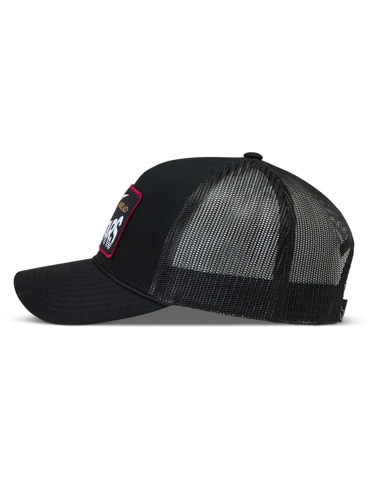 Alpinestars Hemmings cappellino trucker, cappello sportswear nero in twill e rete, patch logo tessuta, vista laterale