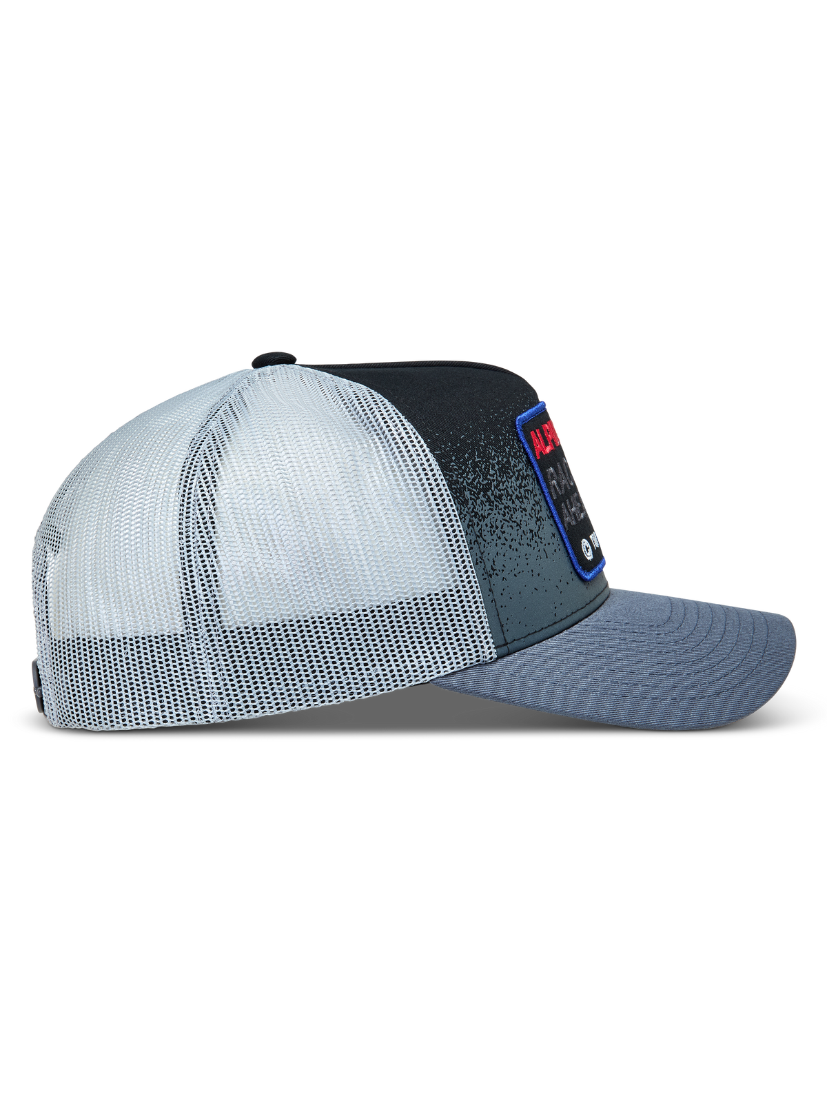 Alpinestars Gravel Cappellino Trucker, cappello grigio scuro e nero con retro in rete bianca e visiera curva, vista laterale