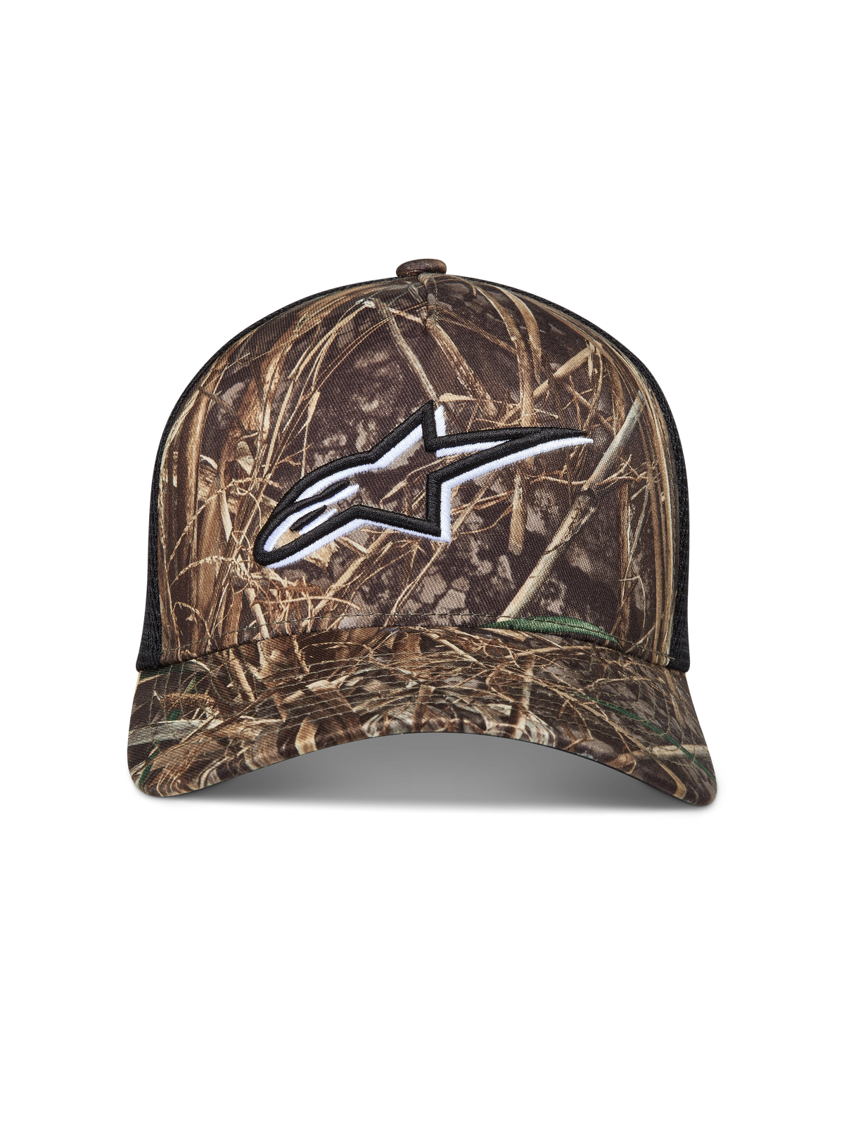 Alpinestars Thicket Realtree Cappellino Trucker, cappello mimetico e nero con logo Astars bianco ricamato e retro in rete