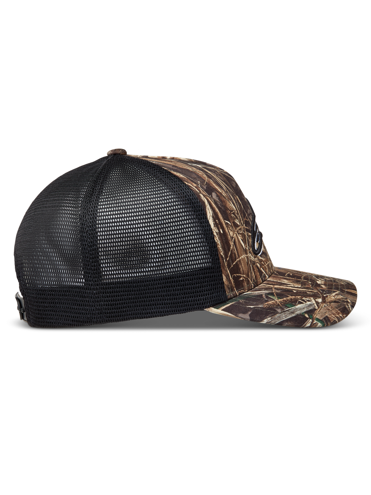 Alpinestars Thicket Realtree Cappellino Trucker mimetico e nero, vista laterale con visiera curva e rete traspirante.