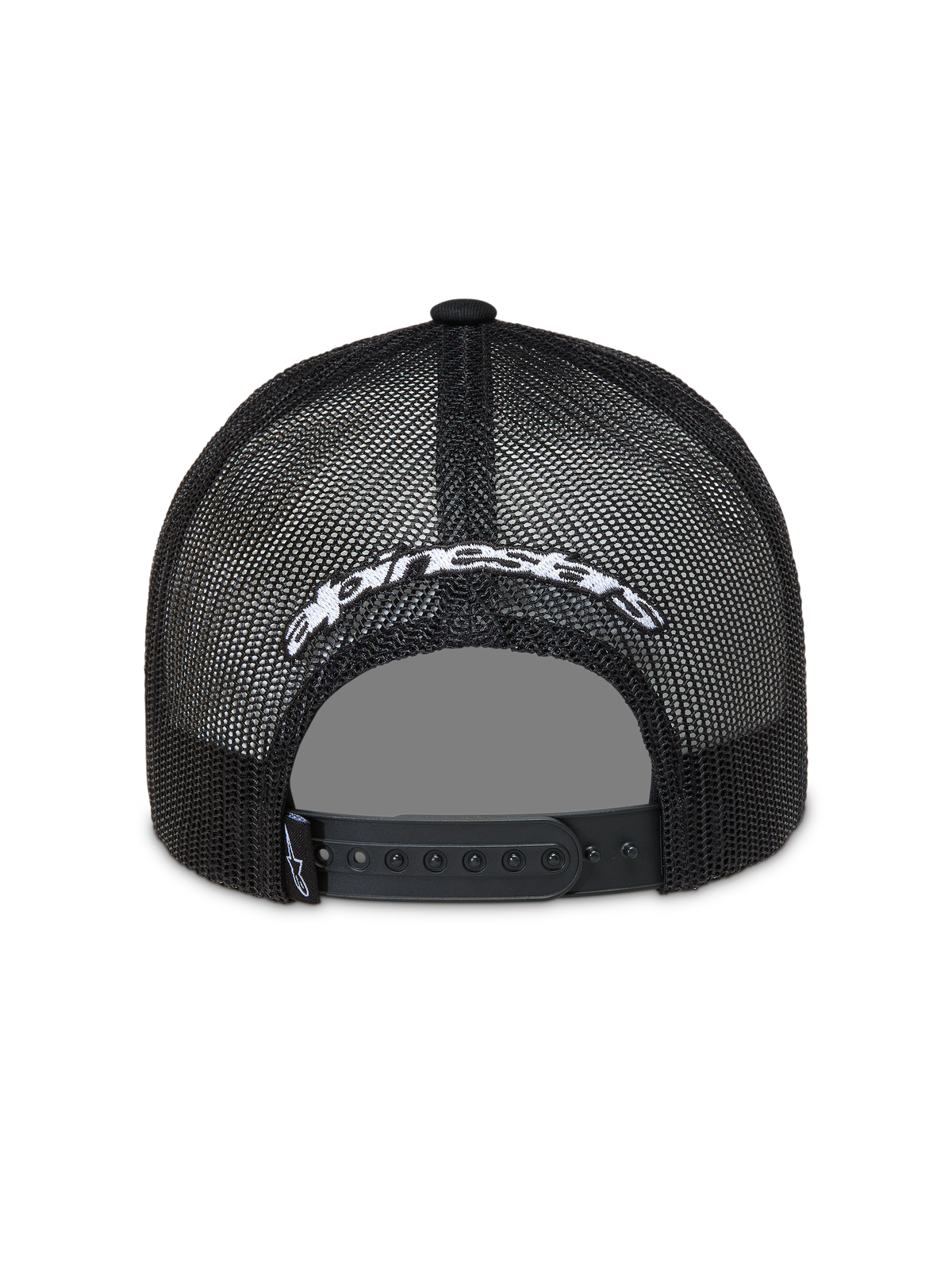 Alpinestars Meteorite cappellino trucker, cappello sportivo nero con rete, logo ricamato bianco e chiusura snapback.
