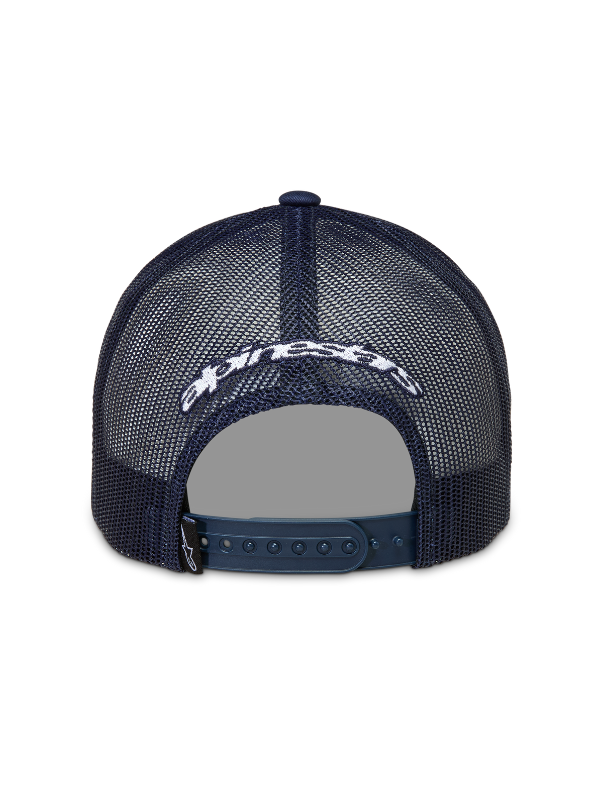 Alpinestars Meteorite Cappellino Trucker, vista posteriore in rete blu con logo bianco e chiusura snapback.