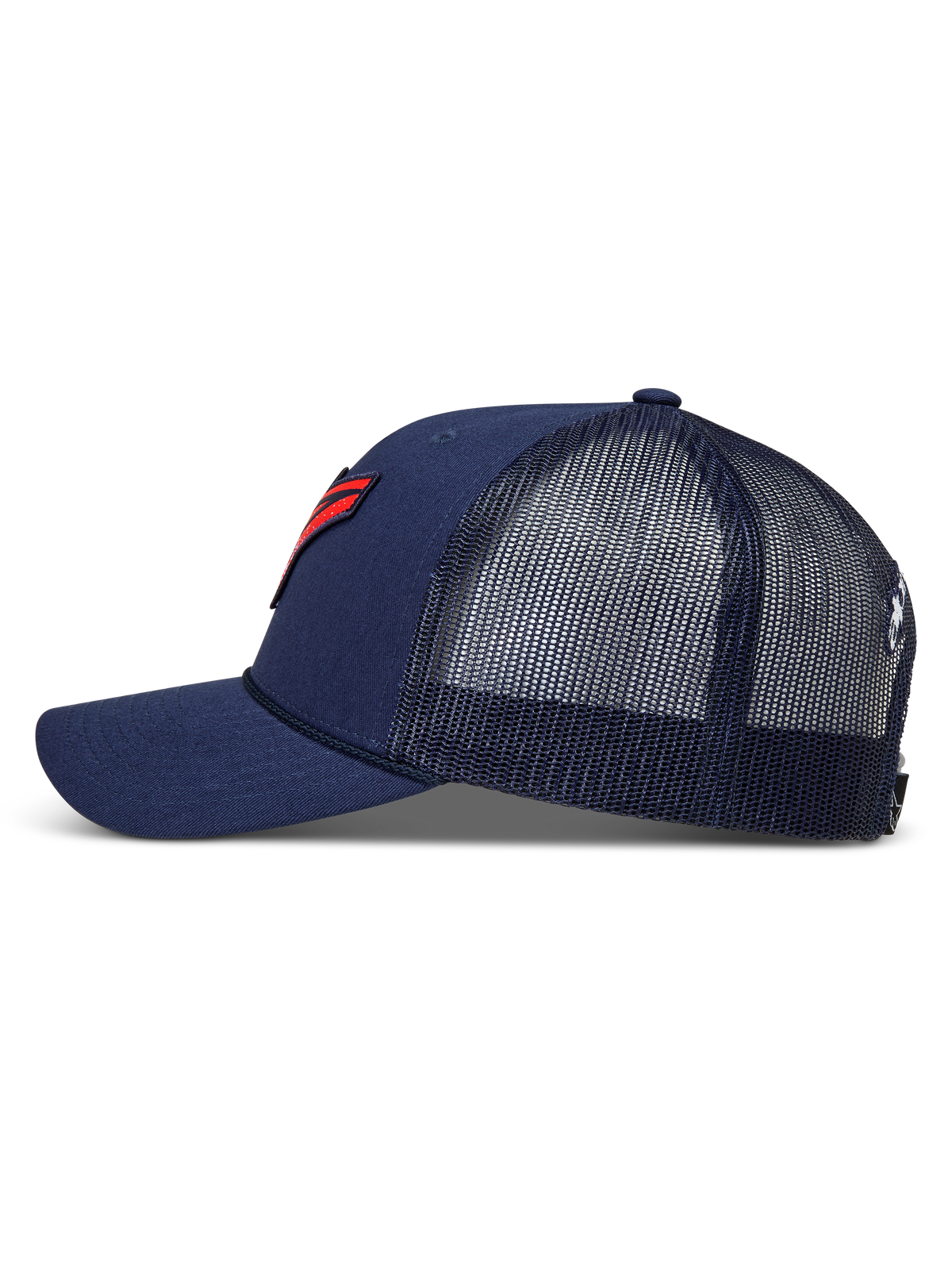 Alpinestars Meteorite Cappellino Trucker, cappello blu con retro in rete, visiera curva e logo Astars rosso a trama ghiaia, sportswear casual