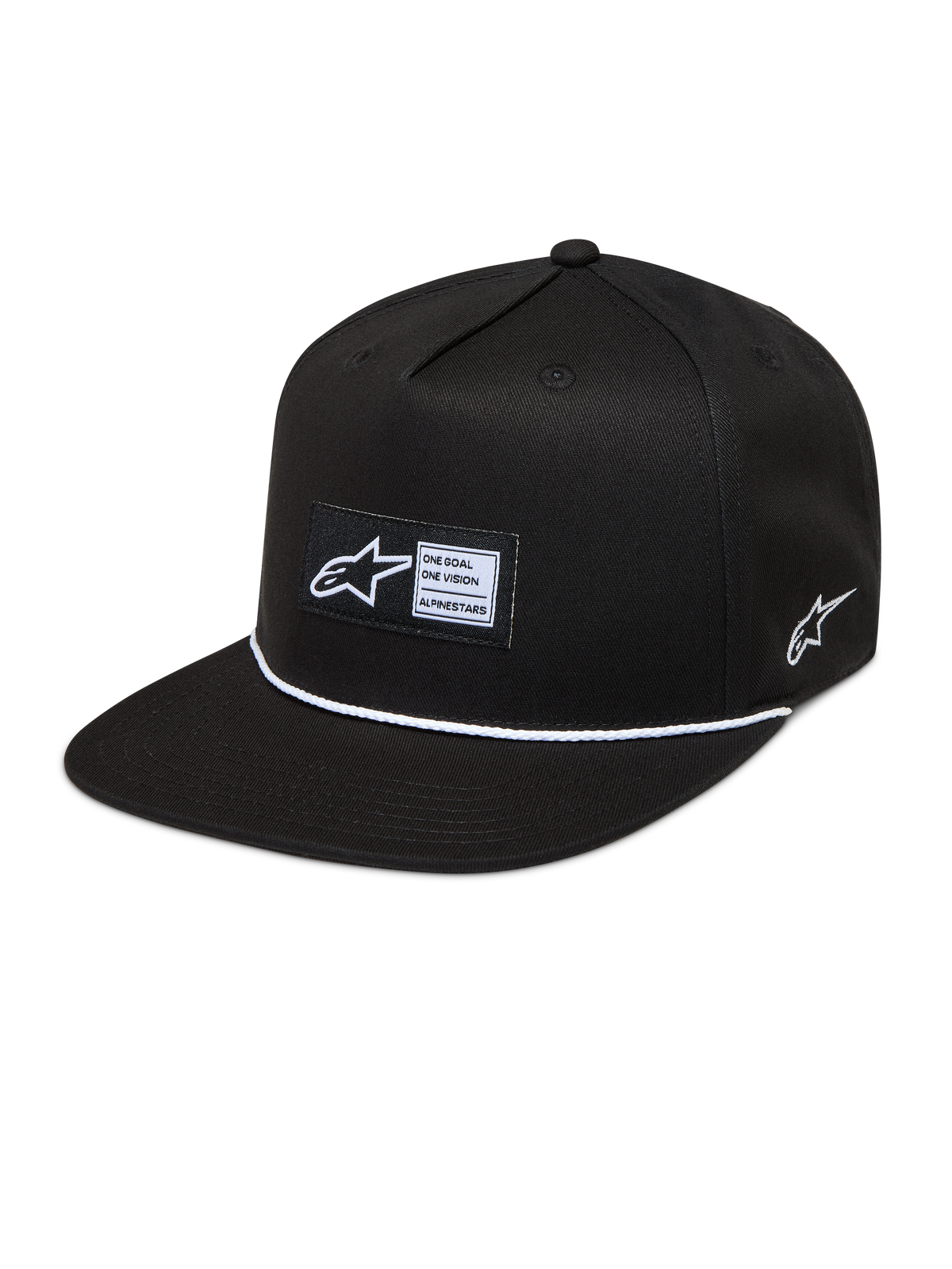Alpinestars Label Snapback Cappello, cappello nero con visiera piatta, etichetta frontale e cordino bianco, stile sportswear