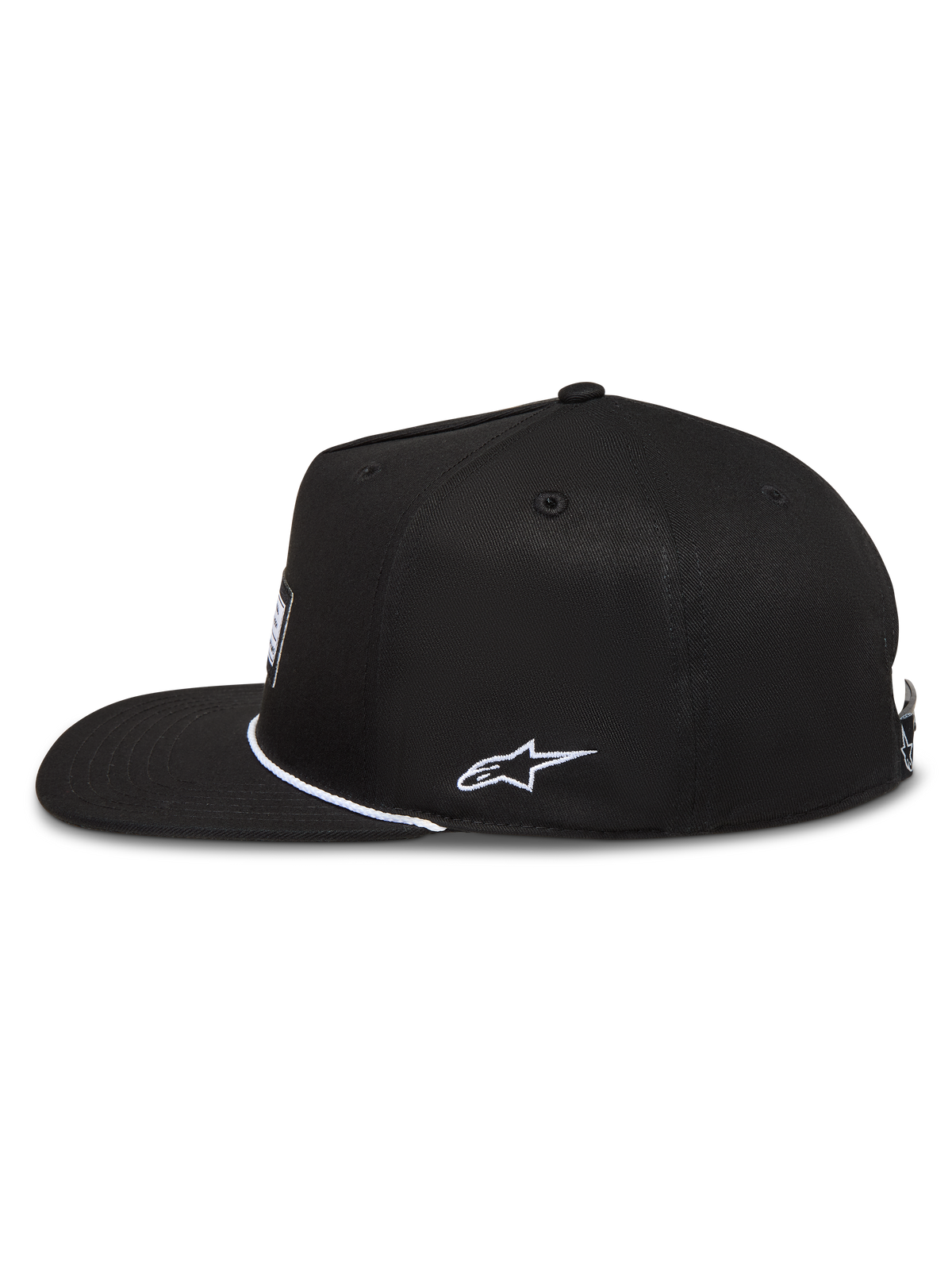 Alpinestars Label Snapback Cappello, cappello nero in twill con visiera piatta, ricamo bianco e stile sportswear.