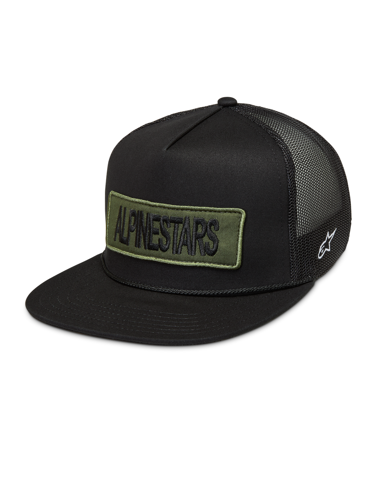 Alpinestars Ten cappellino trucker, cappello sportswear nero con patch logo verde oliva ricamato, logo laterale bianco e retro in rete