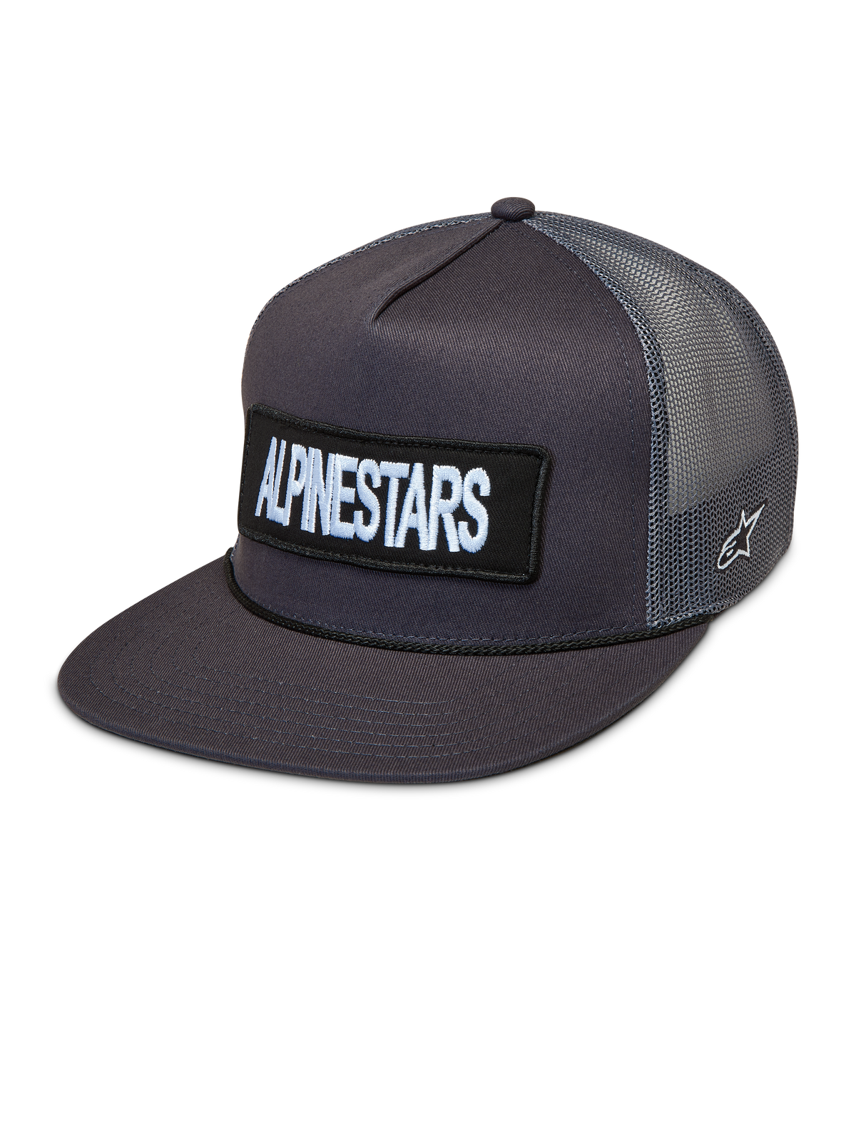 Alpinestars Ten cappellino trucker grigio scuro, con visiera piatta, patch logo frontale e pannelli in mesh traspiranti