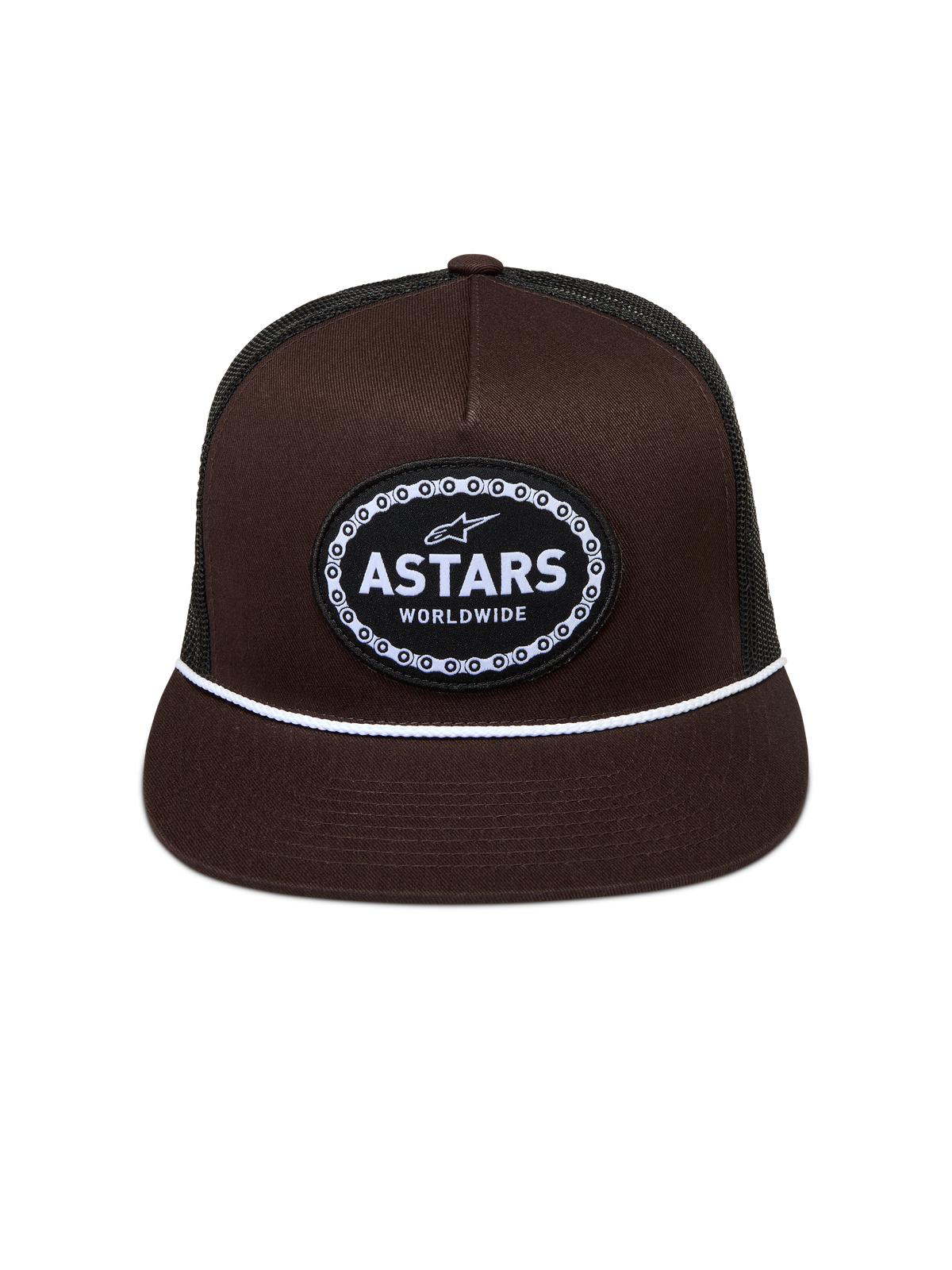 Alpinestars Hotlink Cappellino Trucker, cappello marrone e nero con visiera piatta, cordino bianco e logo Astars, bordo a catena