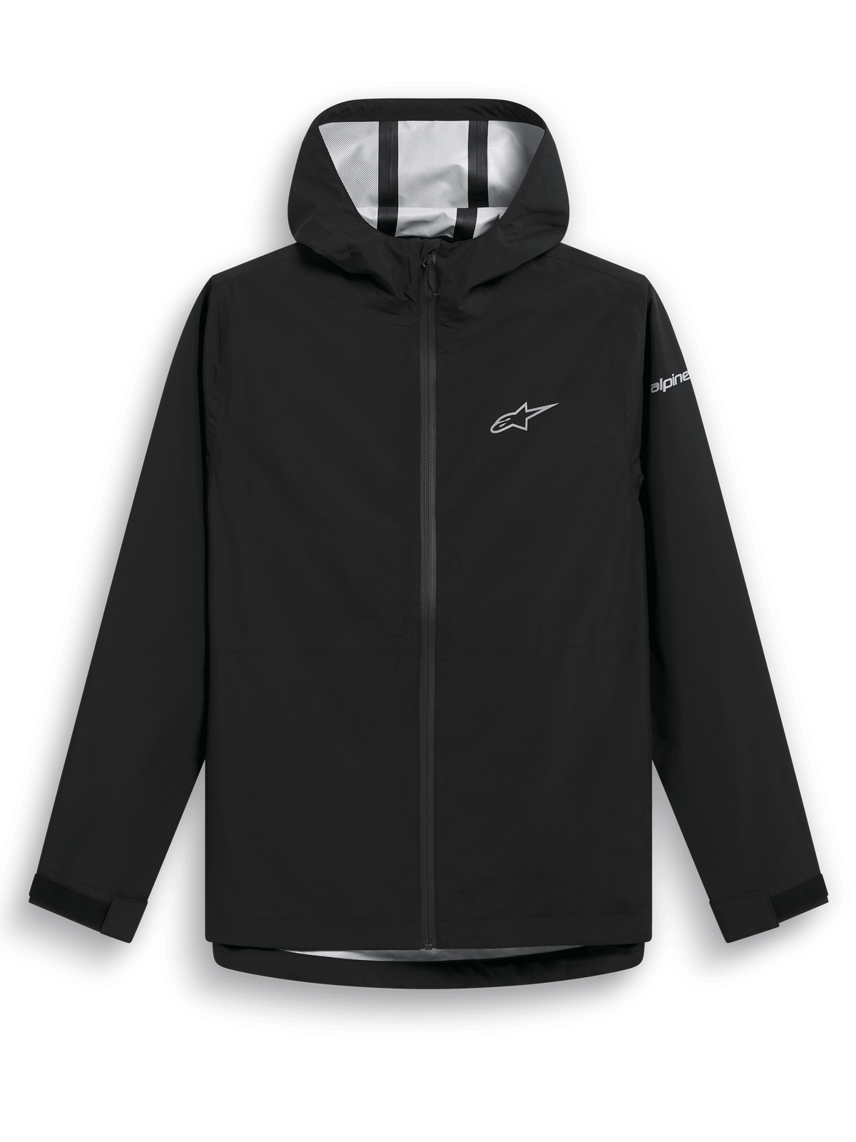 Giacca antipioggia Alpinestars Kascade, giacca a guscio nera, tessuto resistente all'acqua 2.5L con cuciture nastrate, cappuccio fisso, cerniera frontale rovesciata rivestita, linguette in Velcro sui polsini, logo Alpinestars a stella bianco sul petto e marchio sulla manica, abbigliamento casual per il maltempo