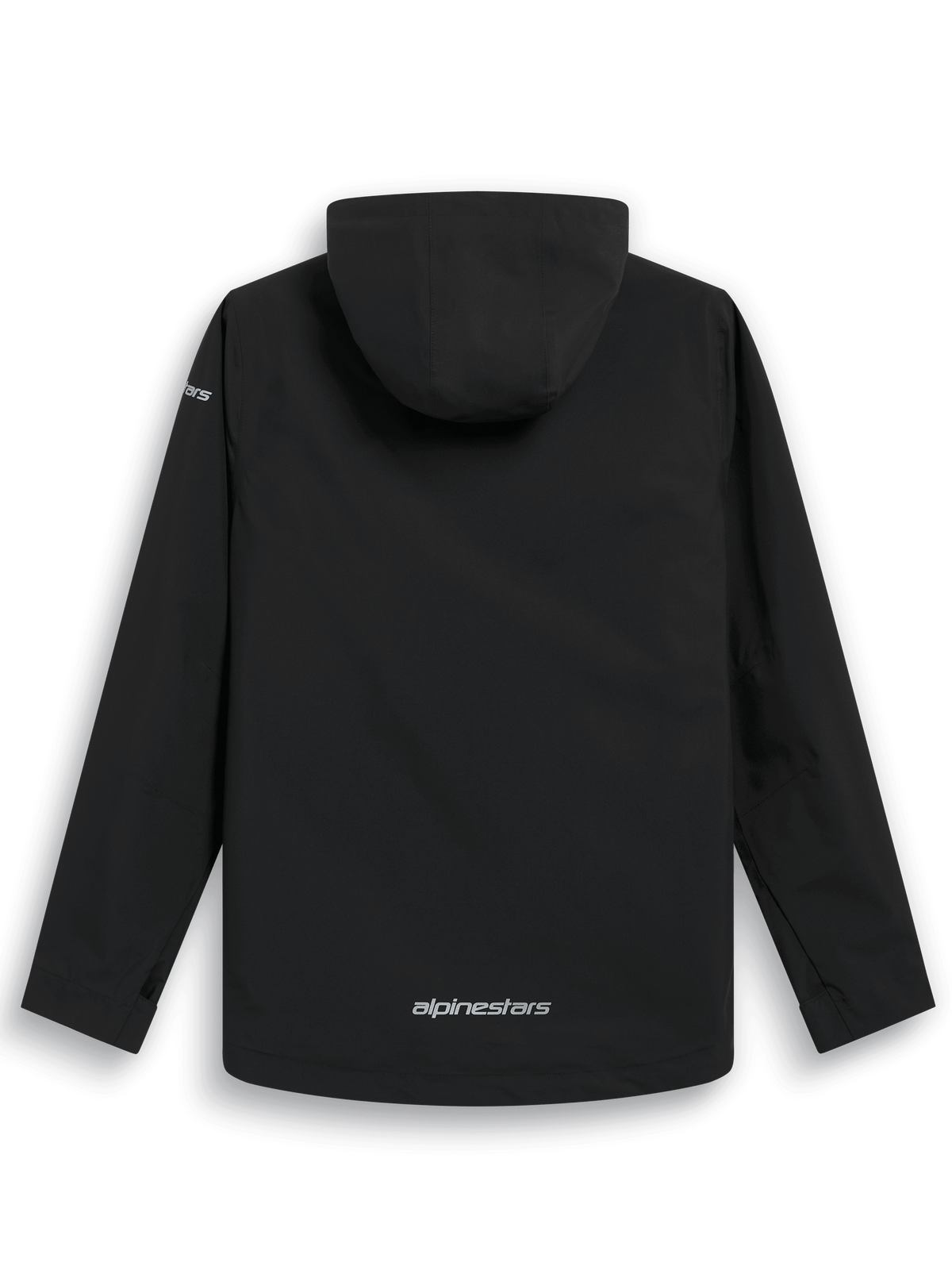 Giacca antipioggia Alpinestars Kascade, vista posteriore, guscio antipioggia nero resistente all'acqua, cappuccio fisso, logo Alpinestars argento sulla parte inferiore della schiena, maniche lunghe, design outdoor ad alte prestazioni ispirato al motorsport