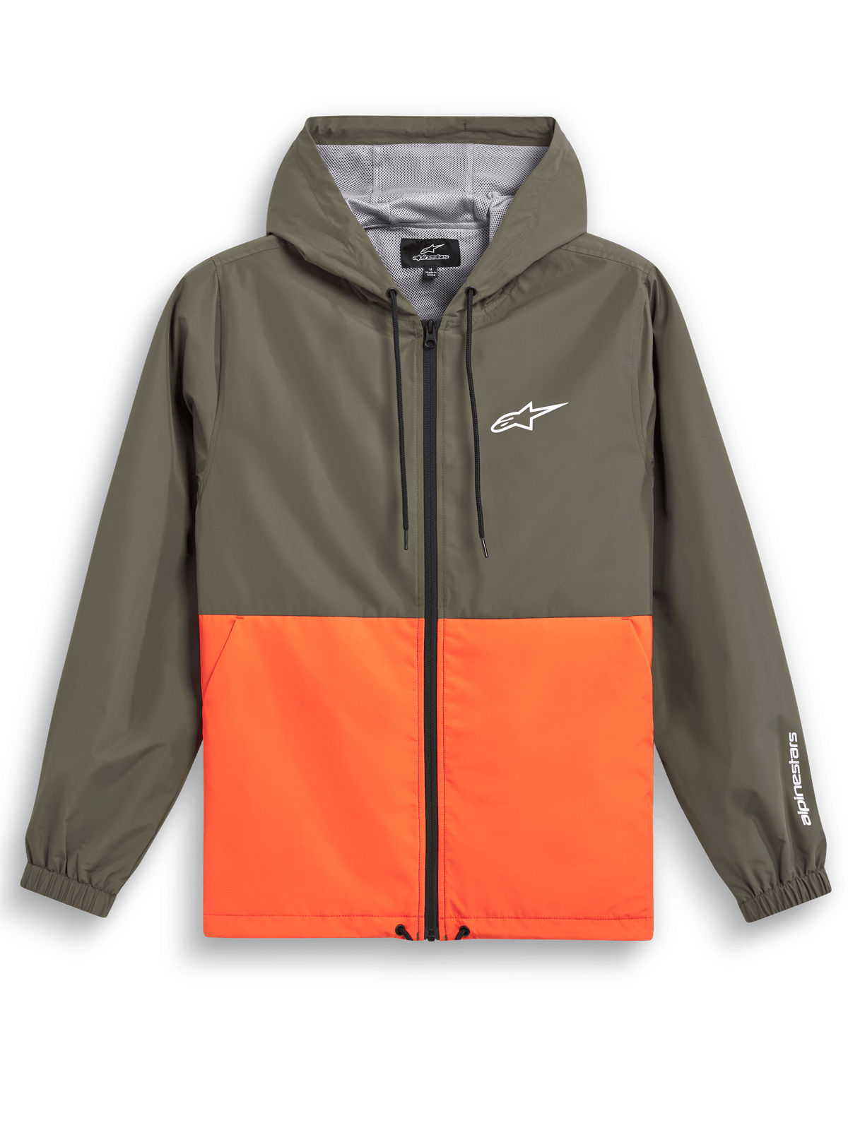 Giacca a vento Alpinestars Speeder, abbigliamento sportivo casual, design a blocchi di colore verde oliva e arancione acceso, logo Astars bianco su petto e manica, cappuccio con fodera in rete, cordini regolabili, polsini elastici