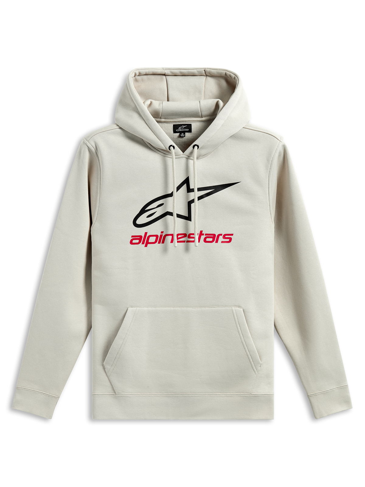 Felpa con cappuccio Alpinestars Always V3, felpa pullover in pile, Off White, logo con stella nera e scritta Alpinestars rossa sul petto, tasca a marsupio, cappuccio con cordino, abbigliamento sportivo casual ispirato al motorsport