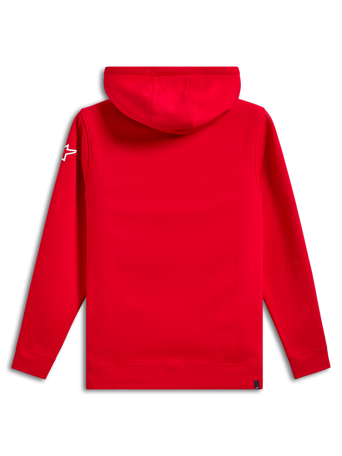 Felpa con cappuccio Alpinestars Linear Wordmark V3, vista posteriore, rosso tinta unita, logo a stella Ageless bianco sulla manica, pullover in pile con cappuccio, polsini e orlo a coste, abbigliamento casual motorsport streetwear