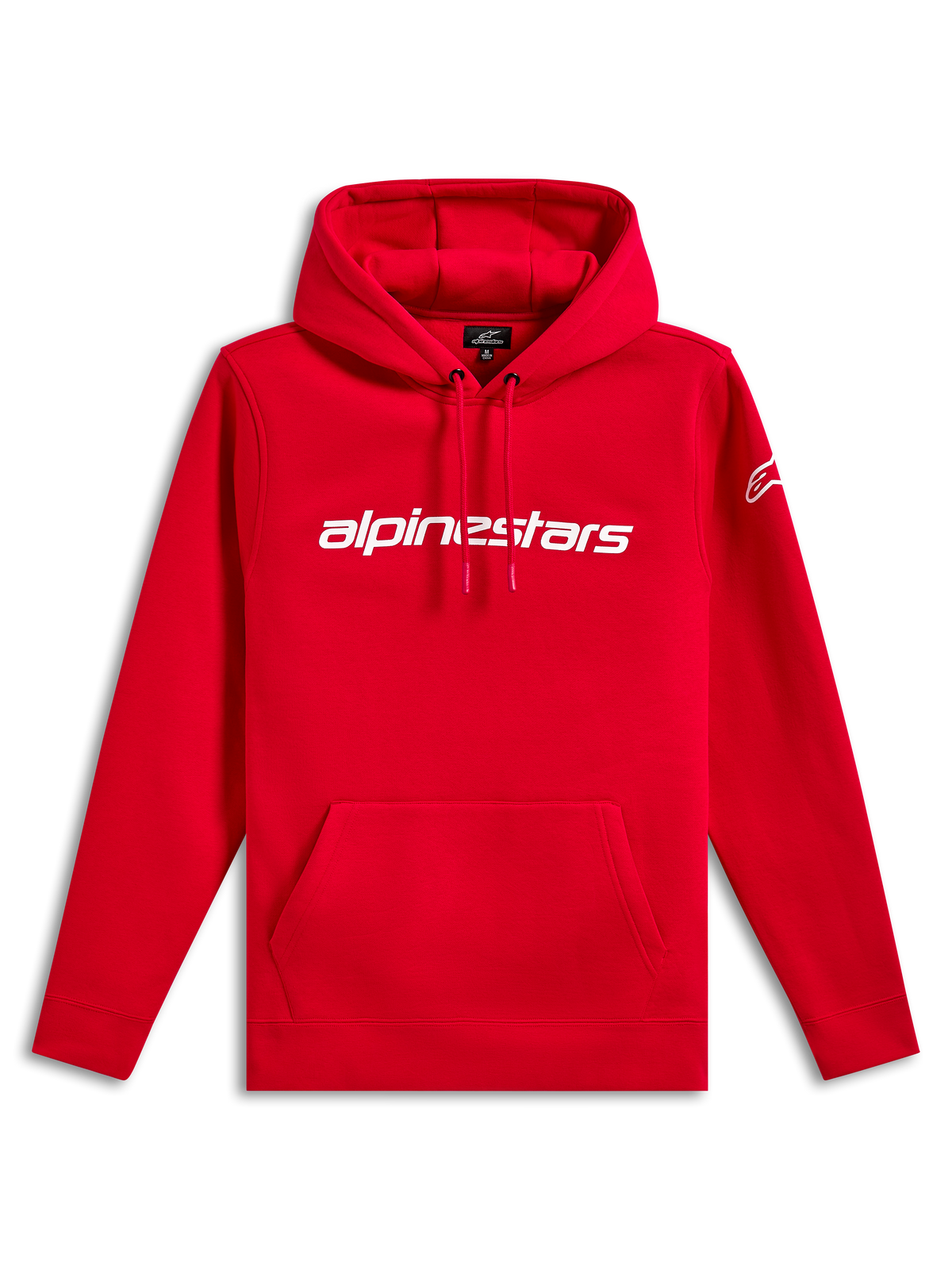 Felpa con cappuccio Alpinestars Linear Wordmark V3, streetwear casual, rossa con scritta Alpinestars bianca sul petto, logo Ageless bianco sulla manica, cappuccio con cordoncino, tasca a marsupio, polsini e orlo a coste