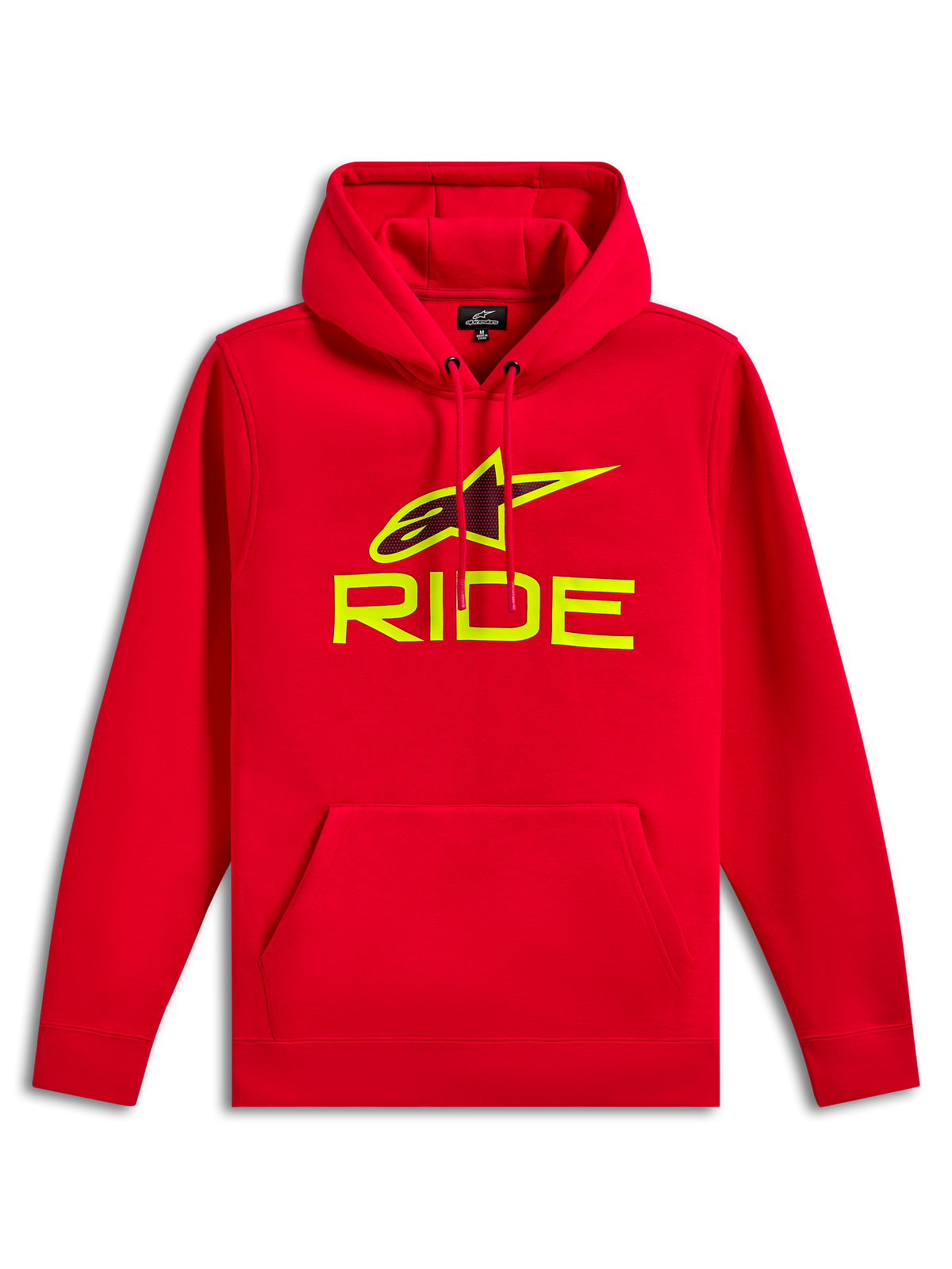 Felpa con cappuccio Alpinestars Ride V3, pile pullover rosso, logo RIDE e simbolo Astars in giallo alta visibilità con stampa traforata nera, cappuccio con cordino, tasca frontale a marsupio, casual motorsport streetwear